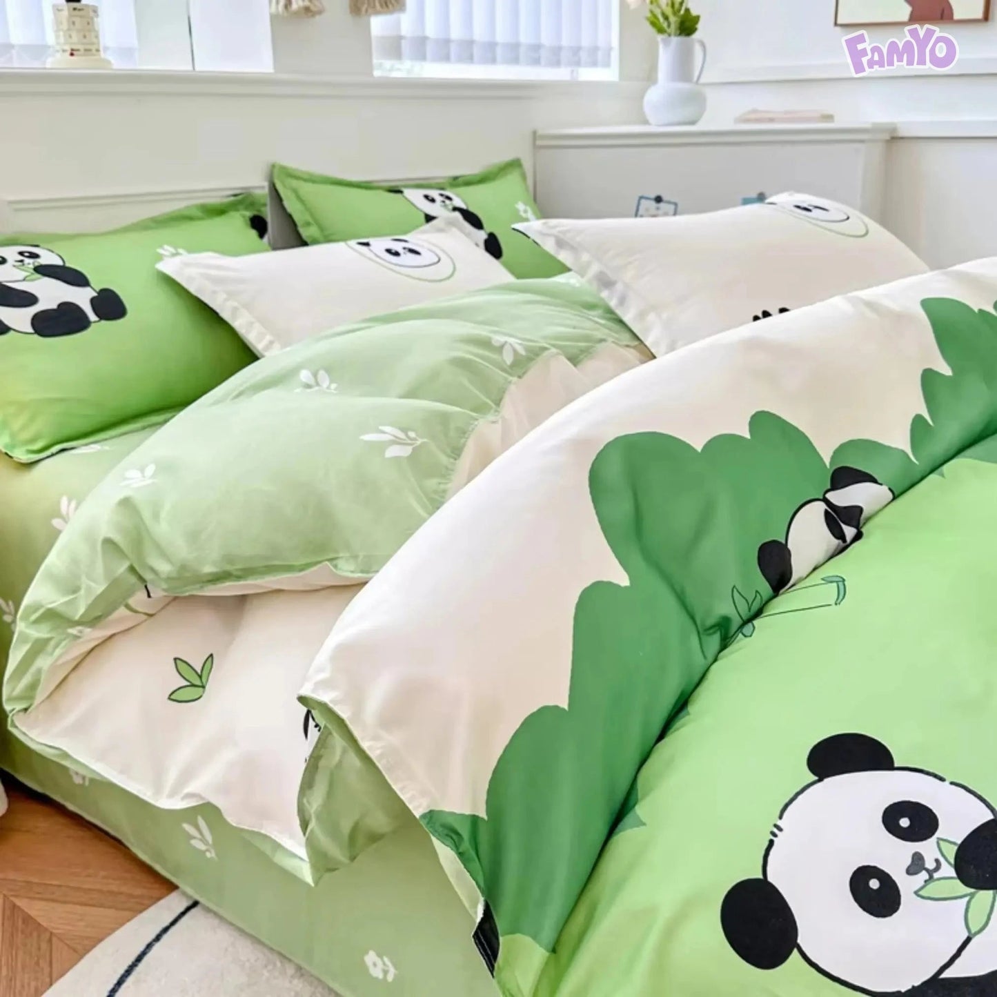 4pc/5pc King Bedding Set- Comforter Cover, Fitted Bedsheet, 2 Pillow Covers, Comforter Green Panda Famyo