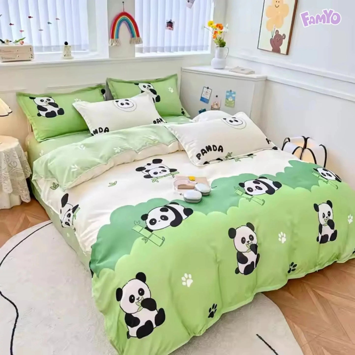 Kids Room Decor Ideas - Famyo Green Panda Printed 4 Piece Bedding Set and a Comforter