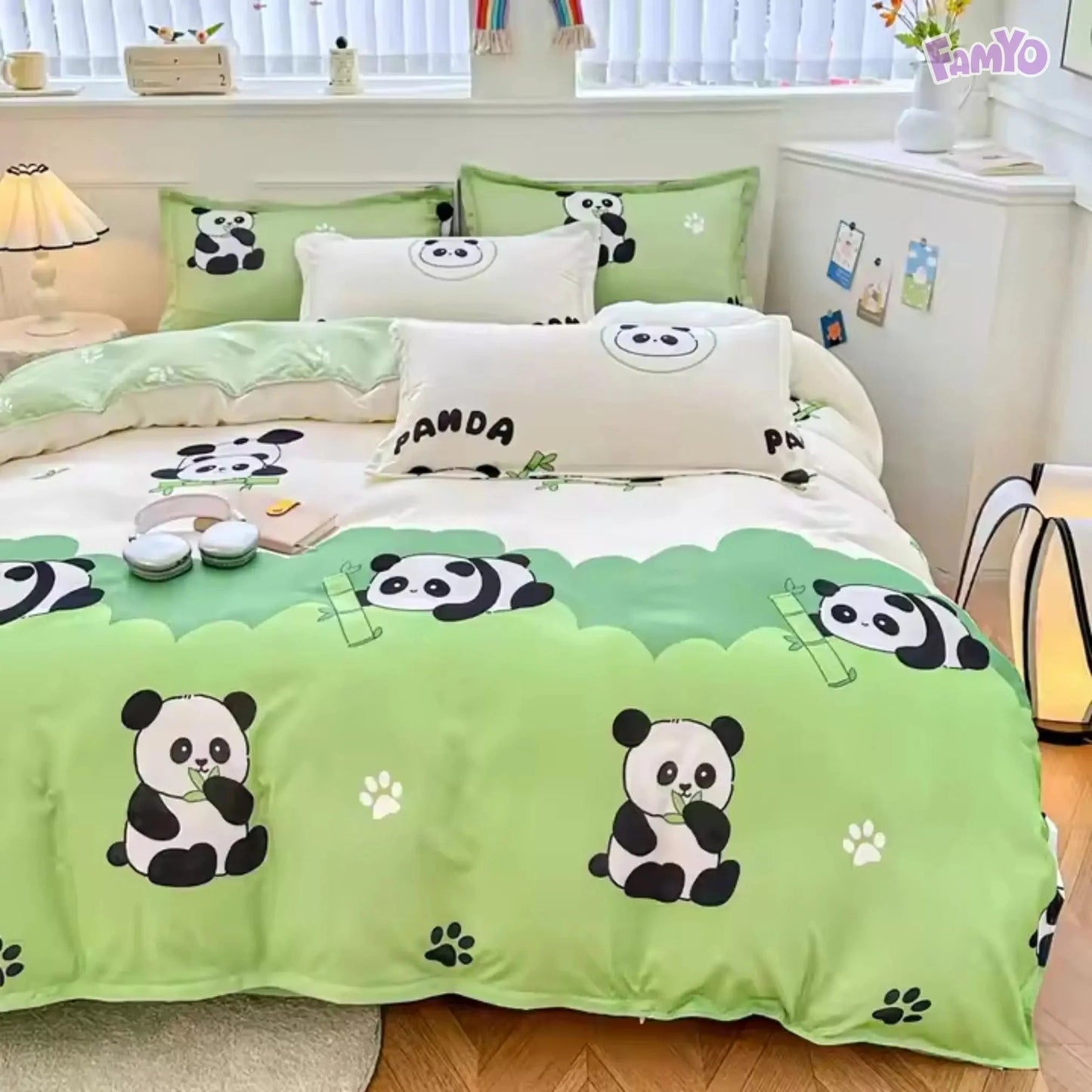 4pc/5pc King Bedding Set- Comforter Cover, Fitted Bedsheet, 2 Pillow Covers, Comforter Green Panda Famyo