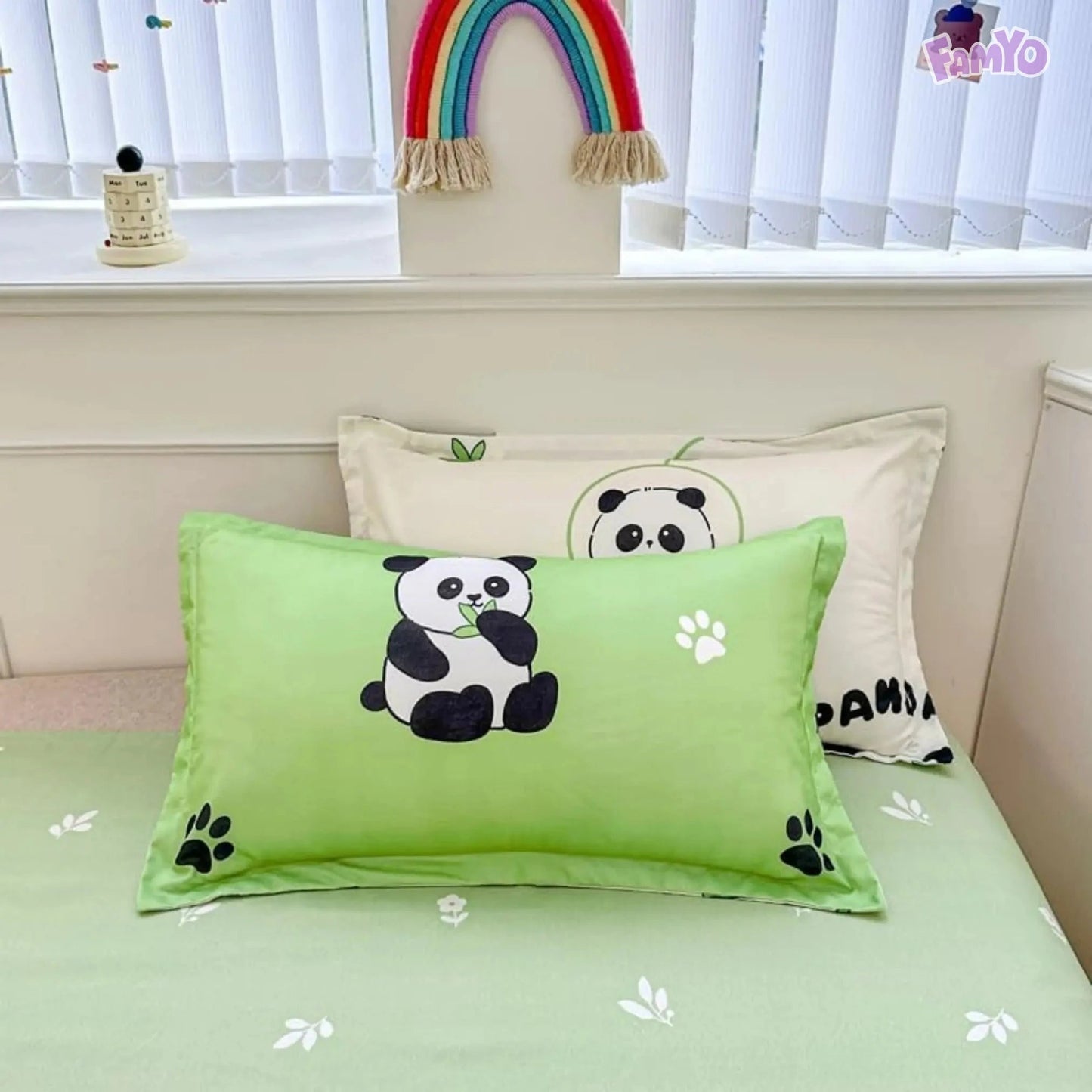 Famyo Green Panda fitted Queen Size Bedsheet and 2X matching pillow covers