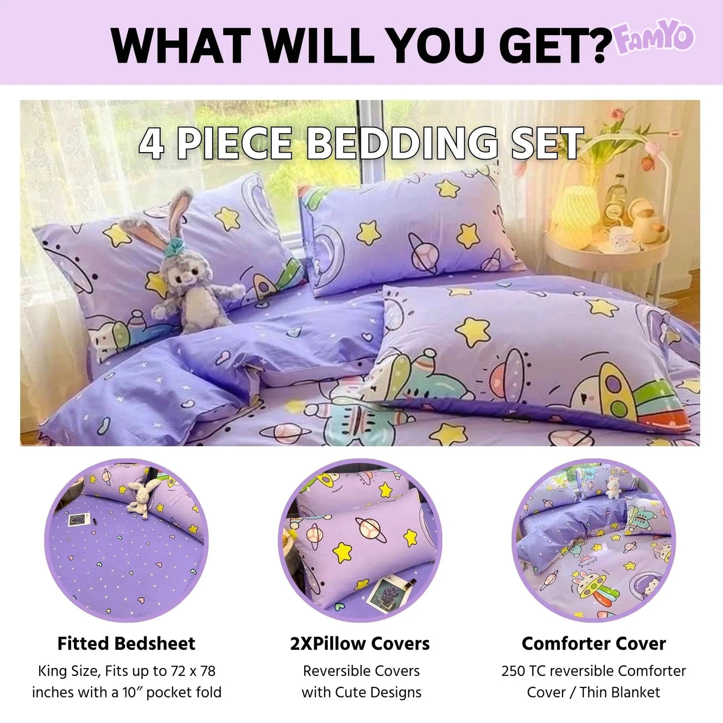 4 piece Bedding set has king size fitted bedsheet, 2X matching pillow covers and a 250 TC reversible comforter cover