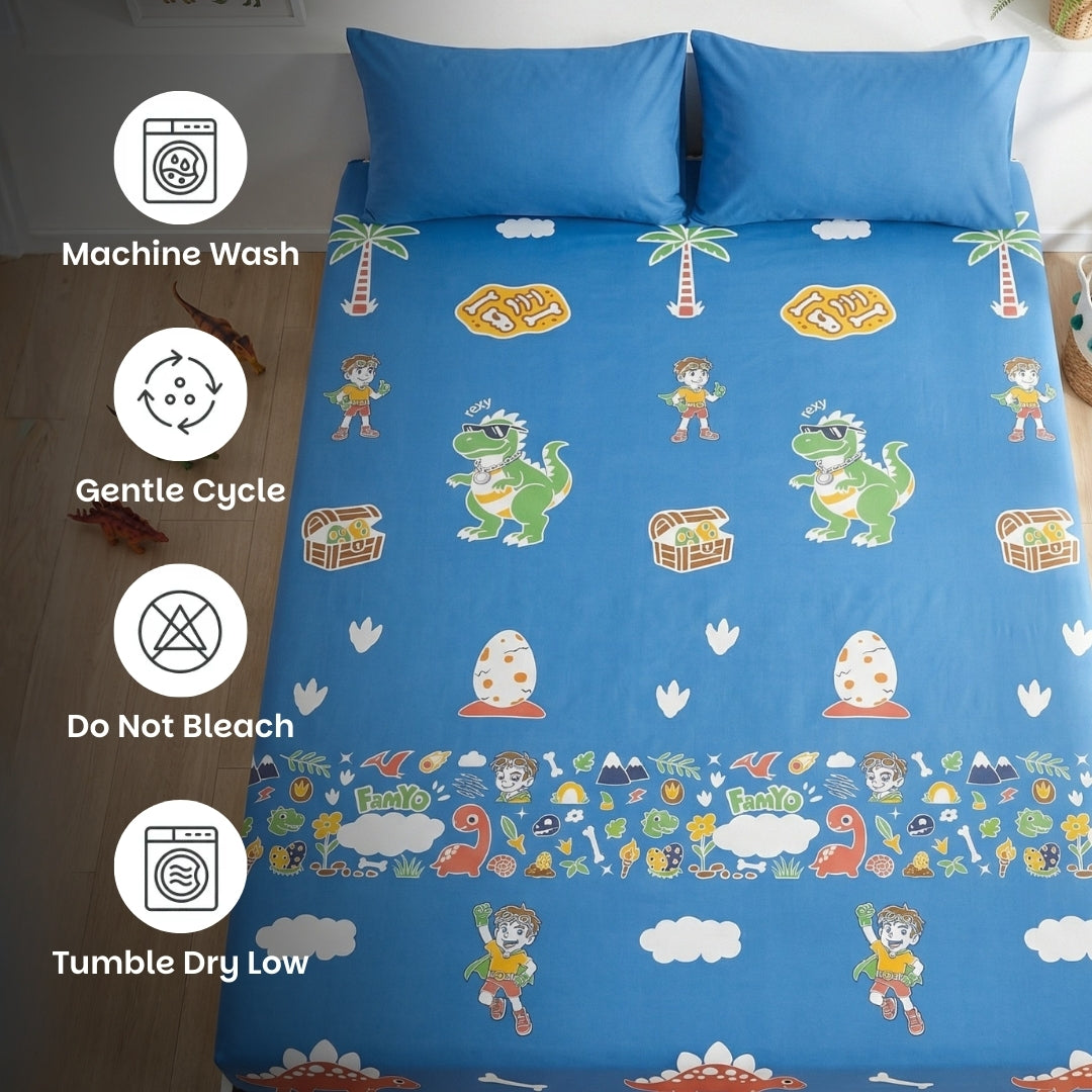 Rexy the Dino Glow Bedsheet for Kids | King Size Glow in the Dark Bedsheet Set | 300 TC Cotton-Blend | Famyo Glow Maxx