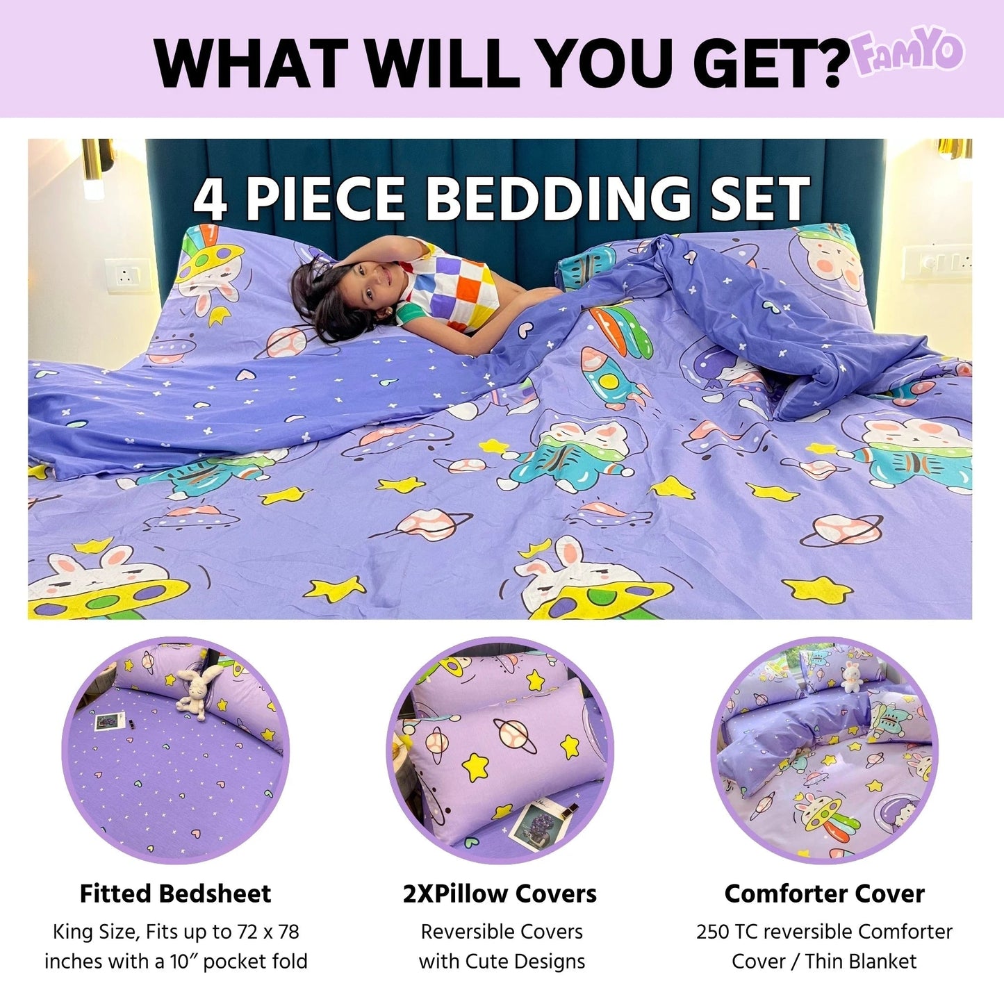 4 piece Bedding set has king size fitted bedsheet, 2X matching pillow covers and a 250 TC reversible comforter cover
