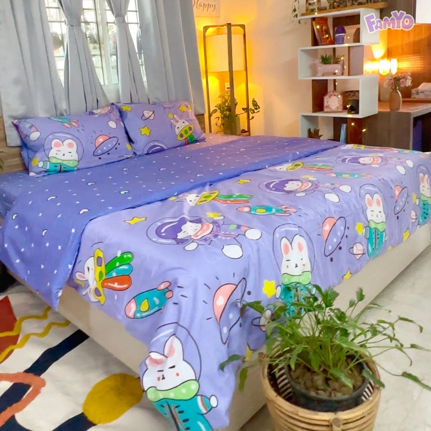 Famyo's Purple Astronaut Printed 4 Piece Bedding Set