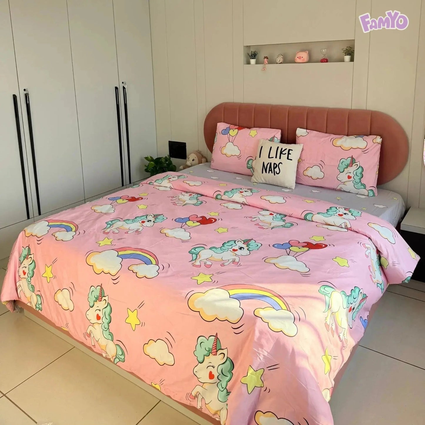 Kids Room Decor Ideas - 4pc/5pc King Bedding Set in Pink Unicorn & Rainbow Famyo
