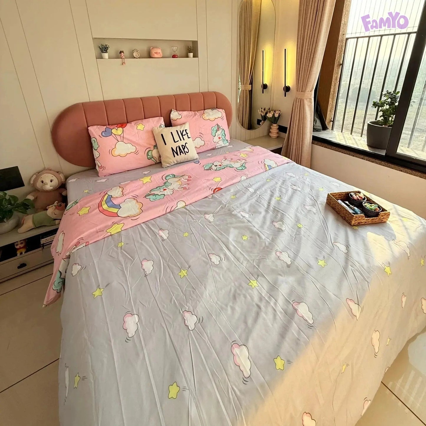 4pc/5pc King Bedding Set- Comforter Cover, Fitted Bedsheet, 2 Pillow Covers, Comforter in Pink Unicorn & Rainbow Famyo