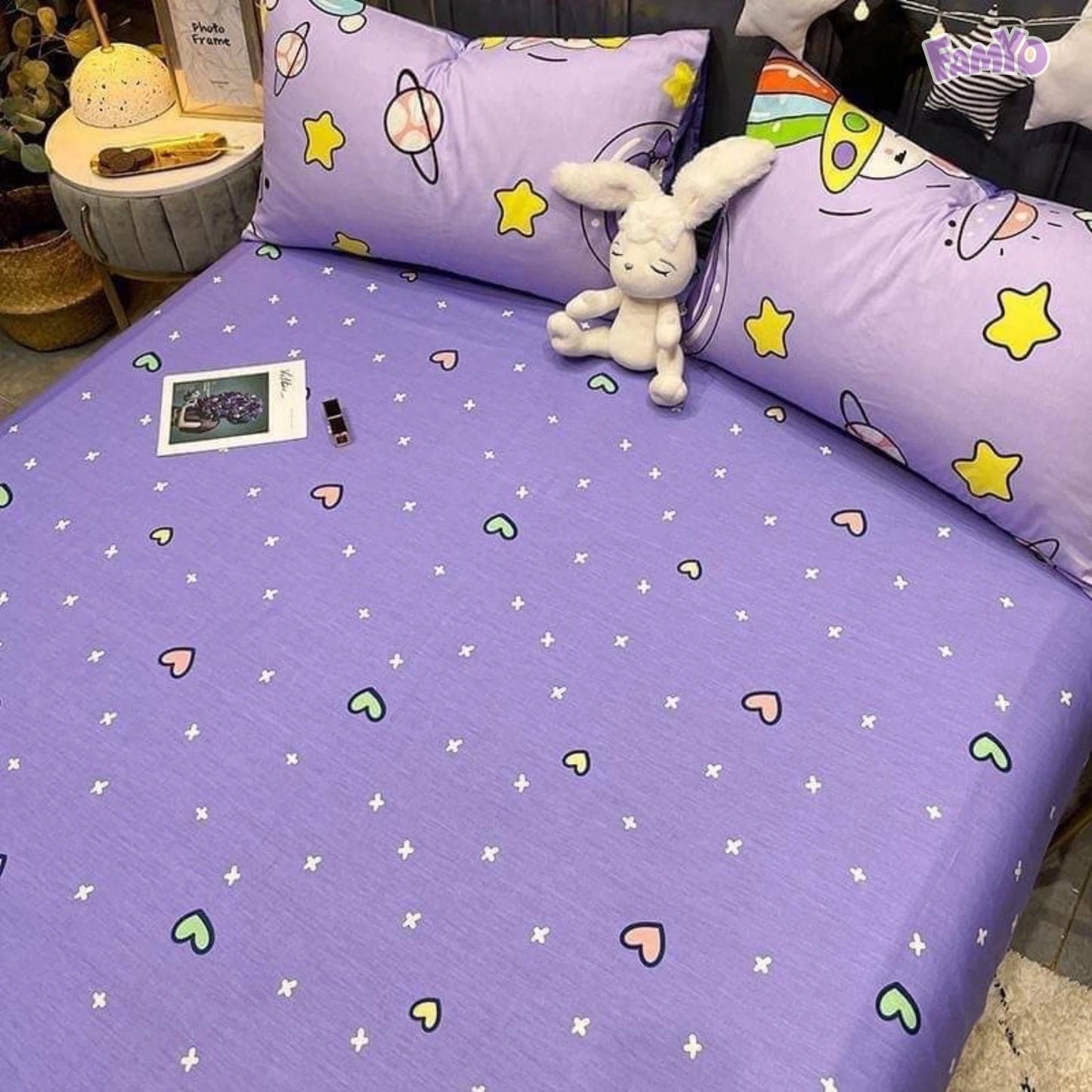 Famyo's Purple Astronaut Printed 4 Piece Bedding Set