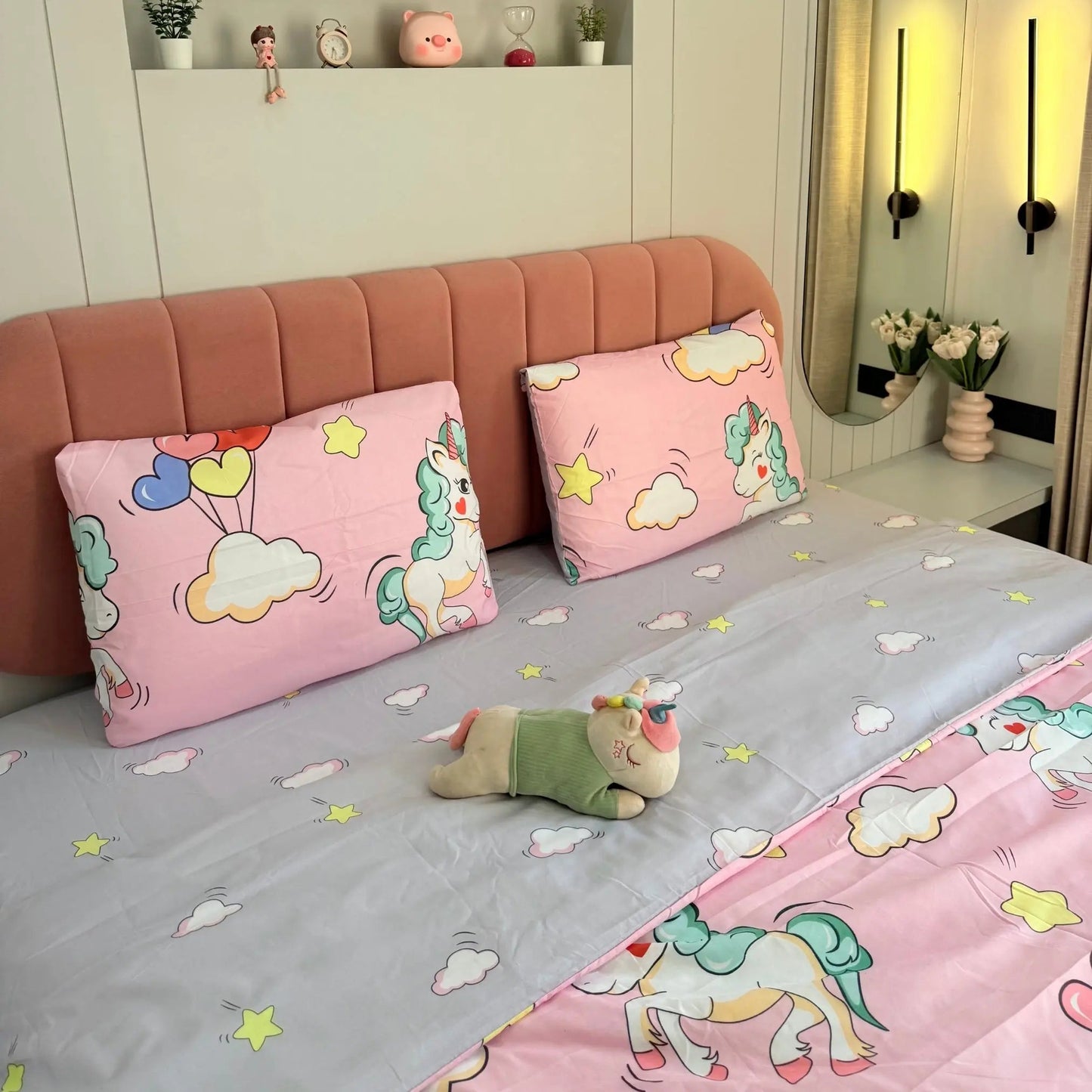 4pc Kids Bed Set – King Size Fitted Bedsheet , Comforter Cover & 2 Pillow Covers | Pink Unicorn & Rainbow Theme Famyo Shop WH