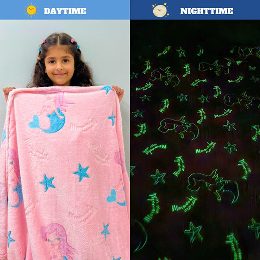 Mermaid Glow in The Dark Blanket for Kids | 200 x 152cm, 0-15 Years, Queen Size Flannel Blanket | Birthday Gift for Kids Bed, Sofa, or Couch