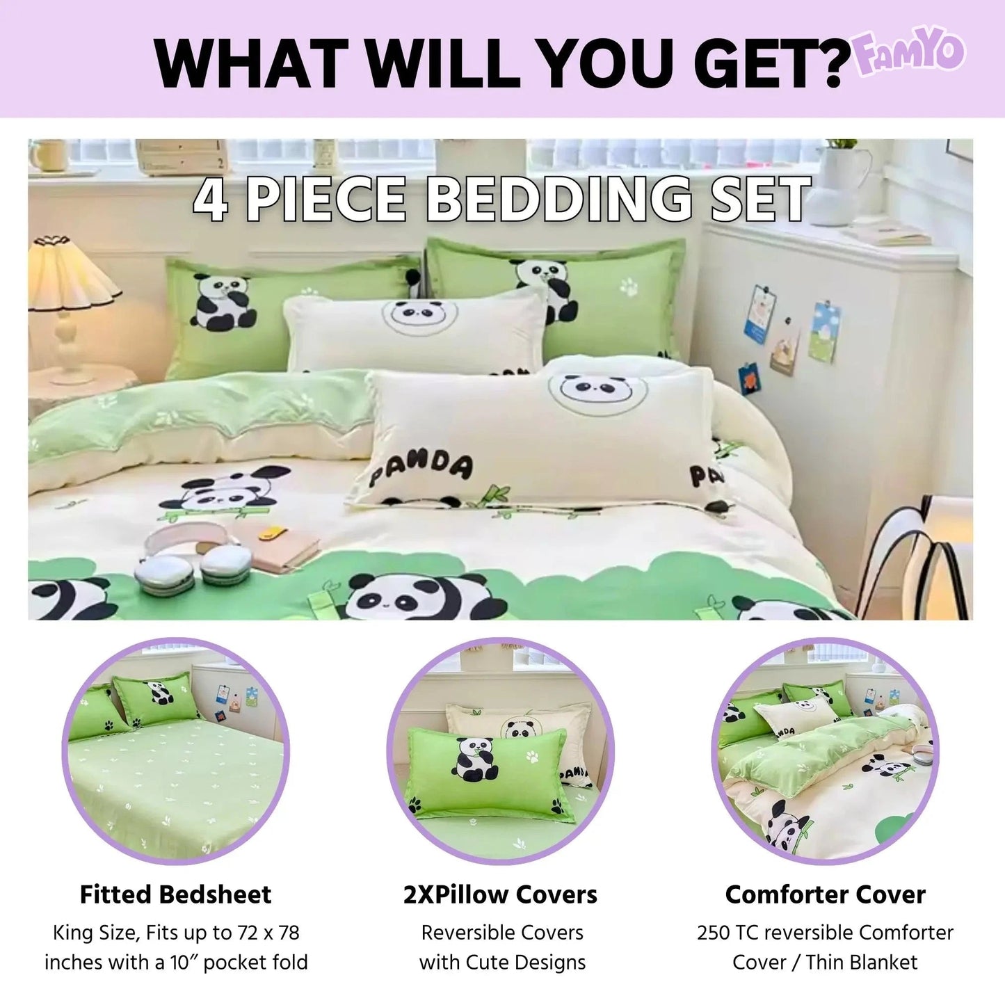 4pc/5pc King Bedding Set- Comforter Cover, Fitted Bedsheet, 2 Pillow Covers, Comforter Green Panda Famyo