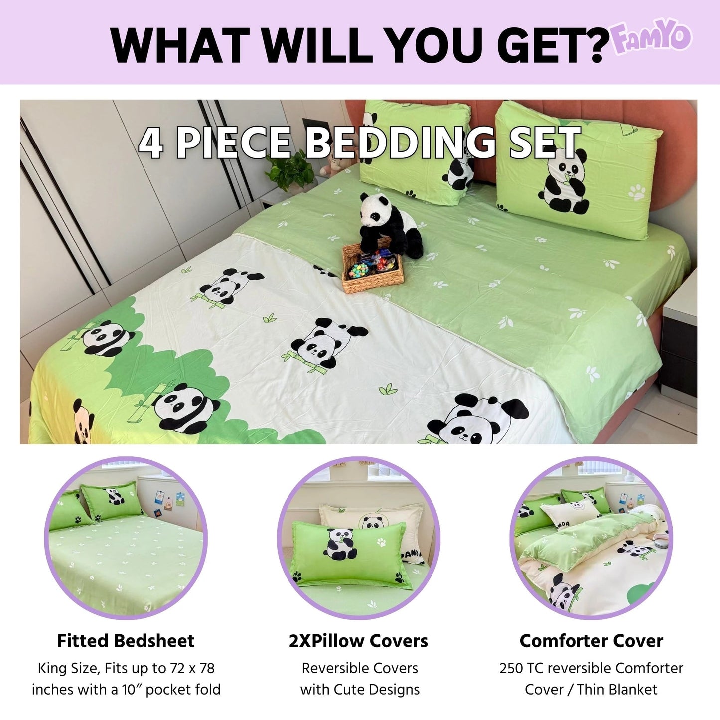 4pc/5pc King Bedding Set- Comforter Cover, Fitted Bedsheet, 2 Pillow Covers, Comforter Green Panda Famyo