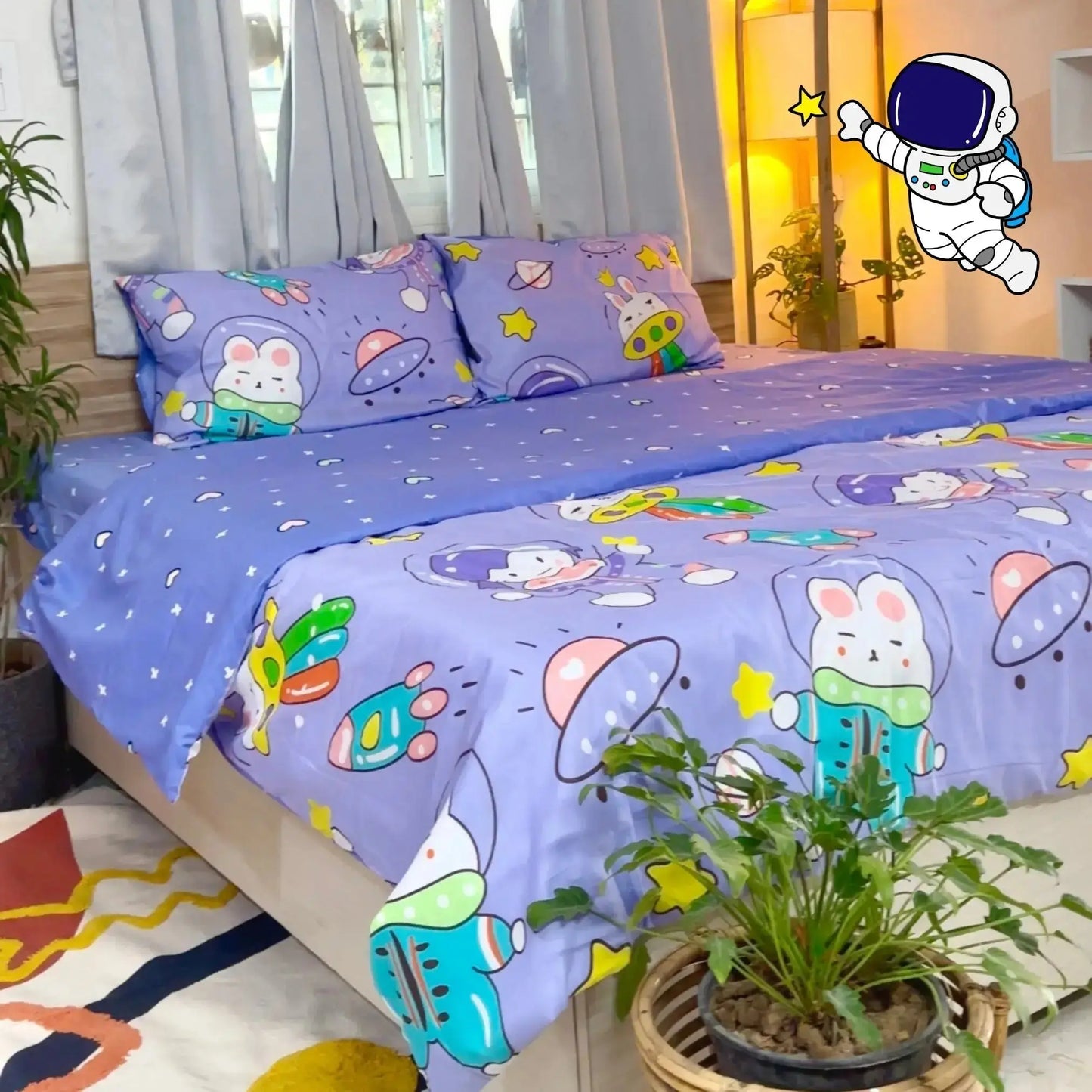 4pc Kids Bed Set – King Size Fitted Bedsheet , Comforter Cover & 2 Pillow Covers | Purple Astronaut Theme Famyo Shop WH