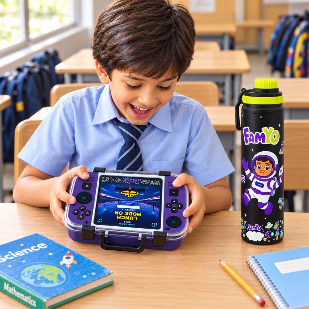 Game On Bento Lunch Box & Leo Astronaut Water Bottle Combo for Kids | Leakproof Bento Box & 900 ML Stainless Steel Water Bottle | School Essentials Set | Perfect for Festive Gifting