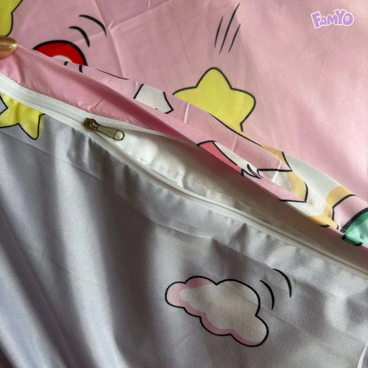 4pc/5pc King Bedding Set- Fitted Bedsheet, Comforter in Pink Unicorn & Rainbow Famyo