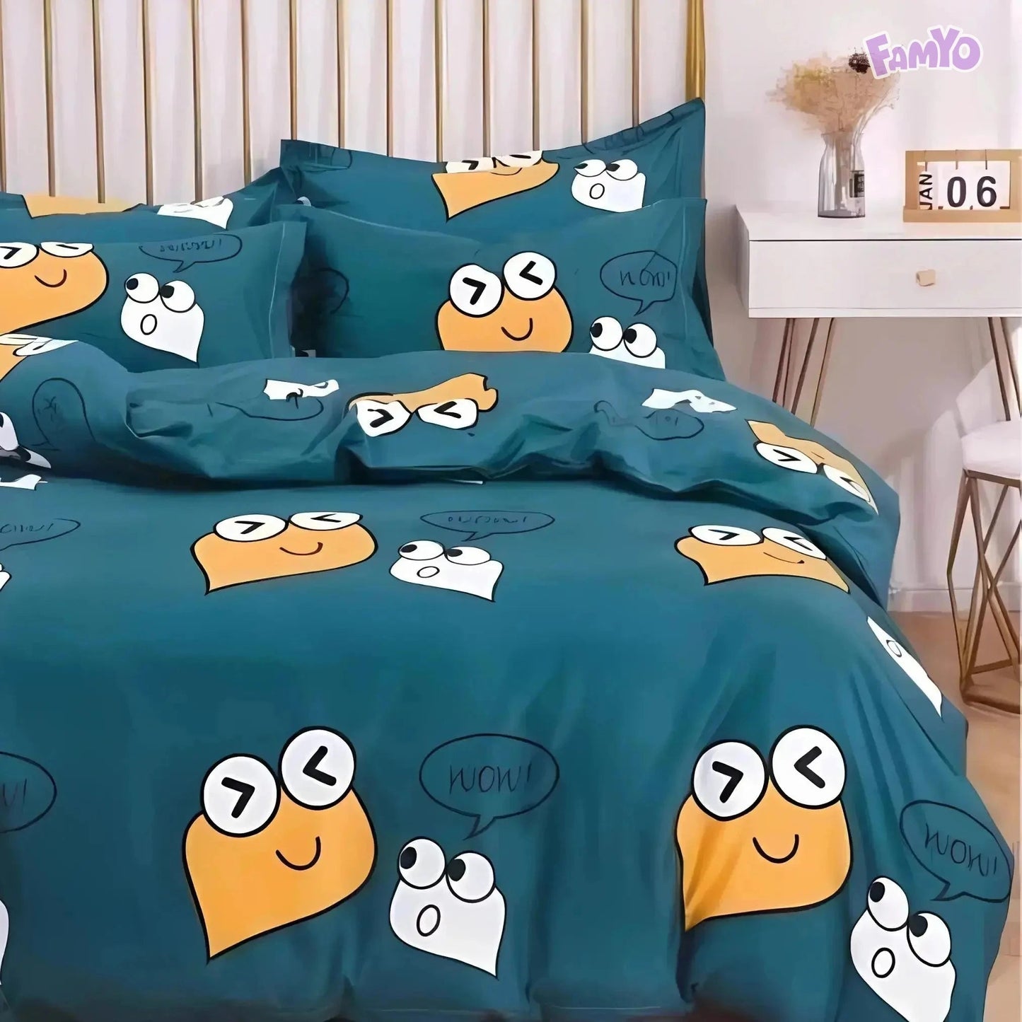 Famyo's Bedding set of 5 PC with Fitted bedsheet, comforter with a cover and 2X matching pillows in Cute Smiles