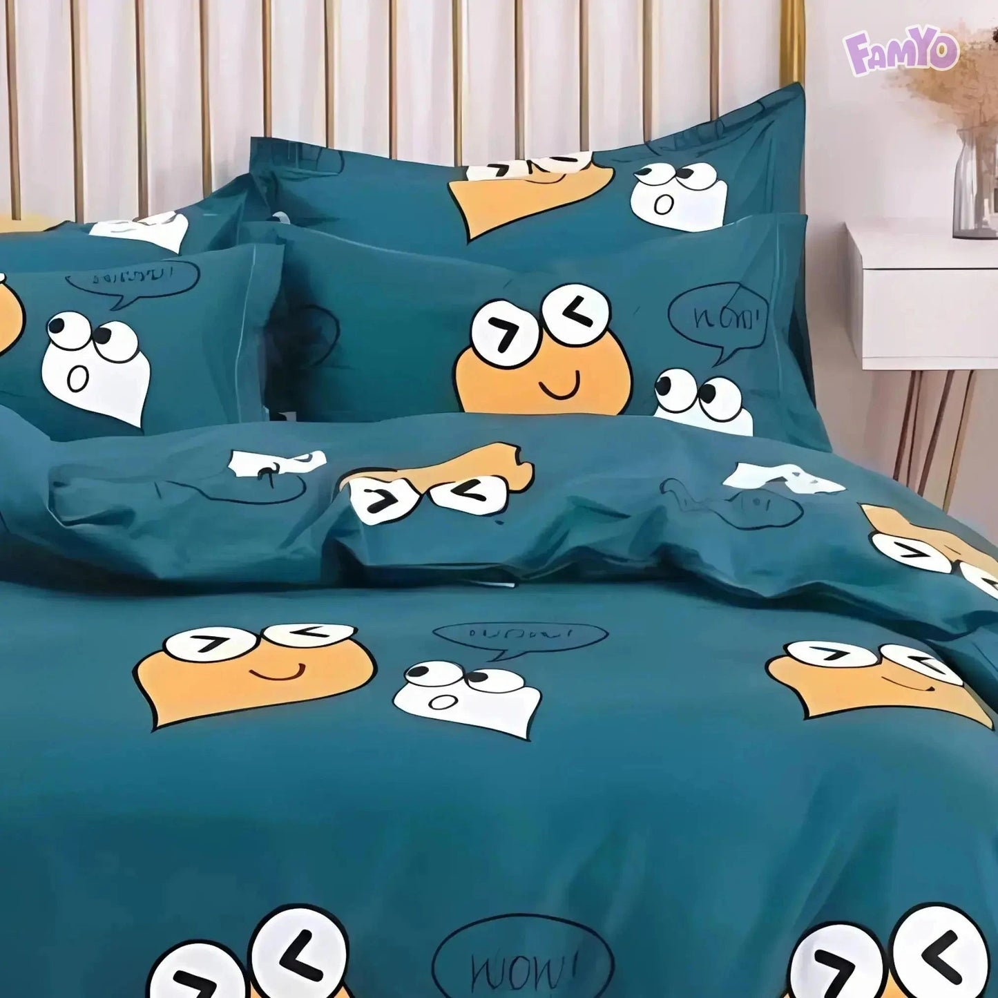 Famyo's Bedding set of 5 PC with Fitted bedsheet, comforter with a cover and 2X matching pillows in Cute Smiles