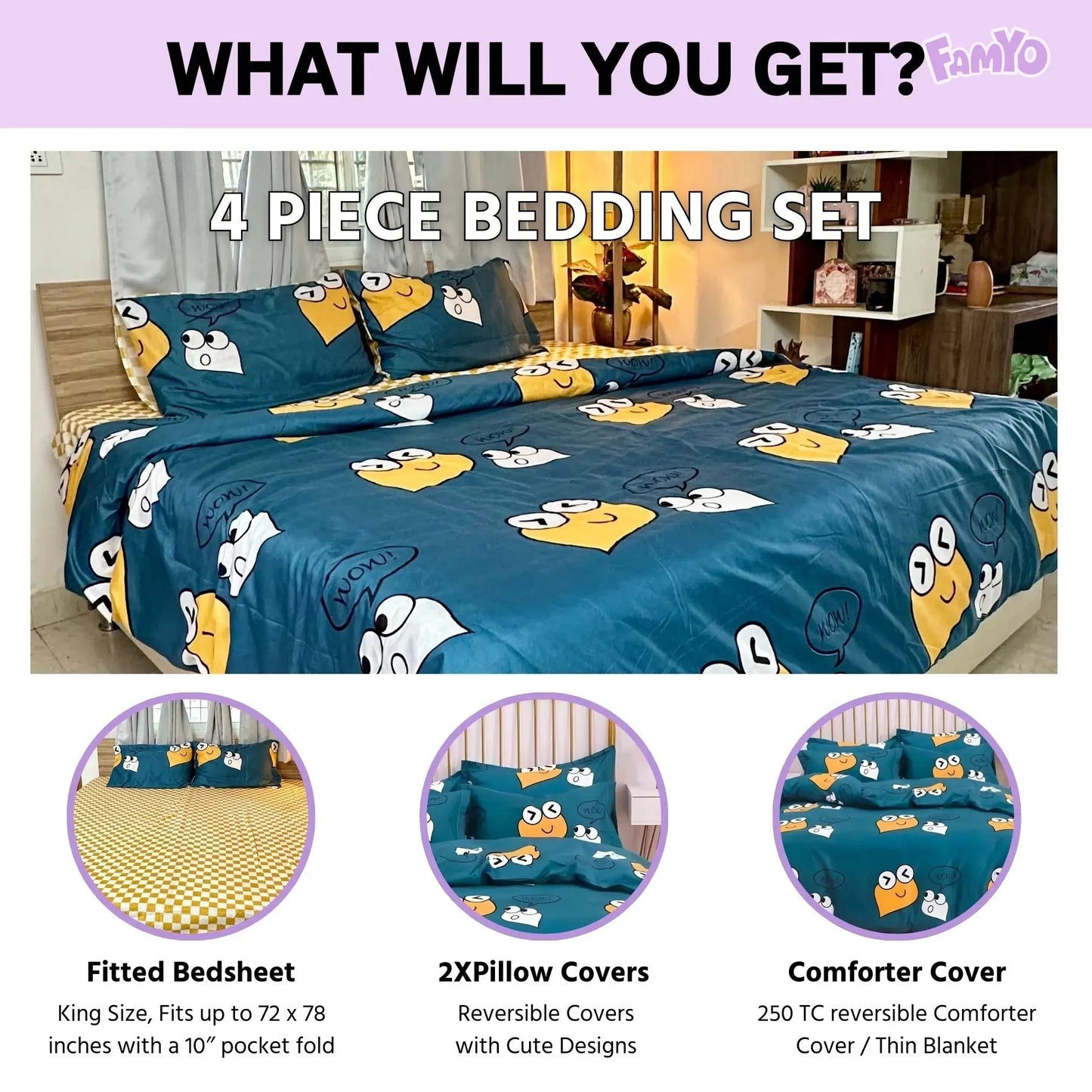 4pc King Bedding Set- Comforter Cover, Fitted Bedsheet, 2 Pillow Covers in Cute Smiles Famyo