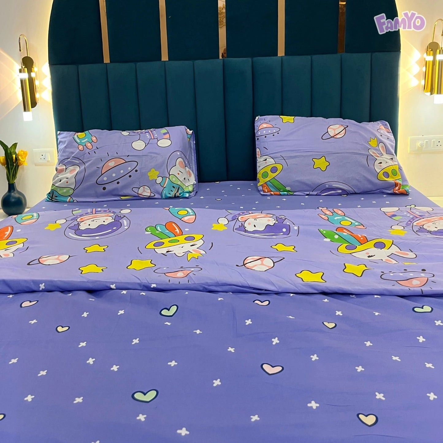 Famyo's Purple Astronaut Printed 4 Piece Bedding Set