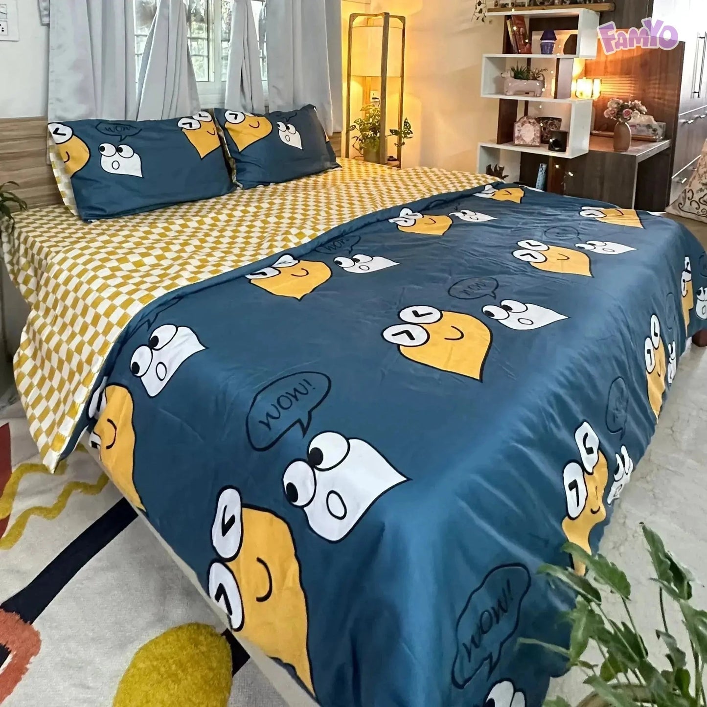 4pc King Bedding Set- Comforter Cover, Fitted Bedsheet, 2 Pillow Covers in Cute Smiles Famyo