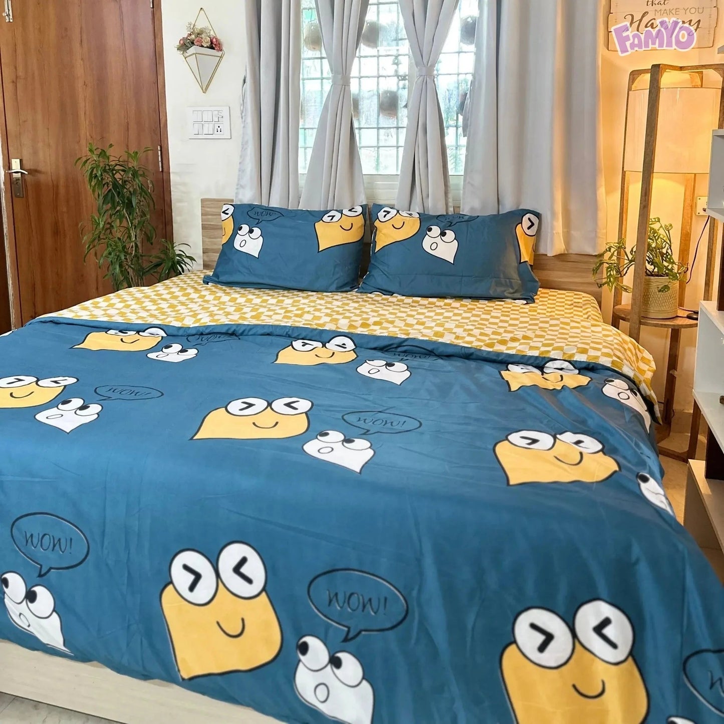 4pc Kids Bed Set – King Size Fitted Bedsheet , Comforter Cover & 2 Pillow Covers | Cute Smiles Theme Famyo Shop WH