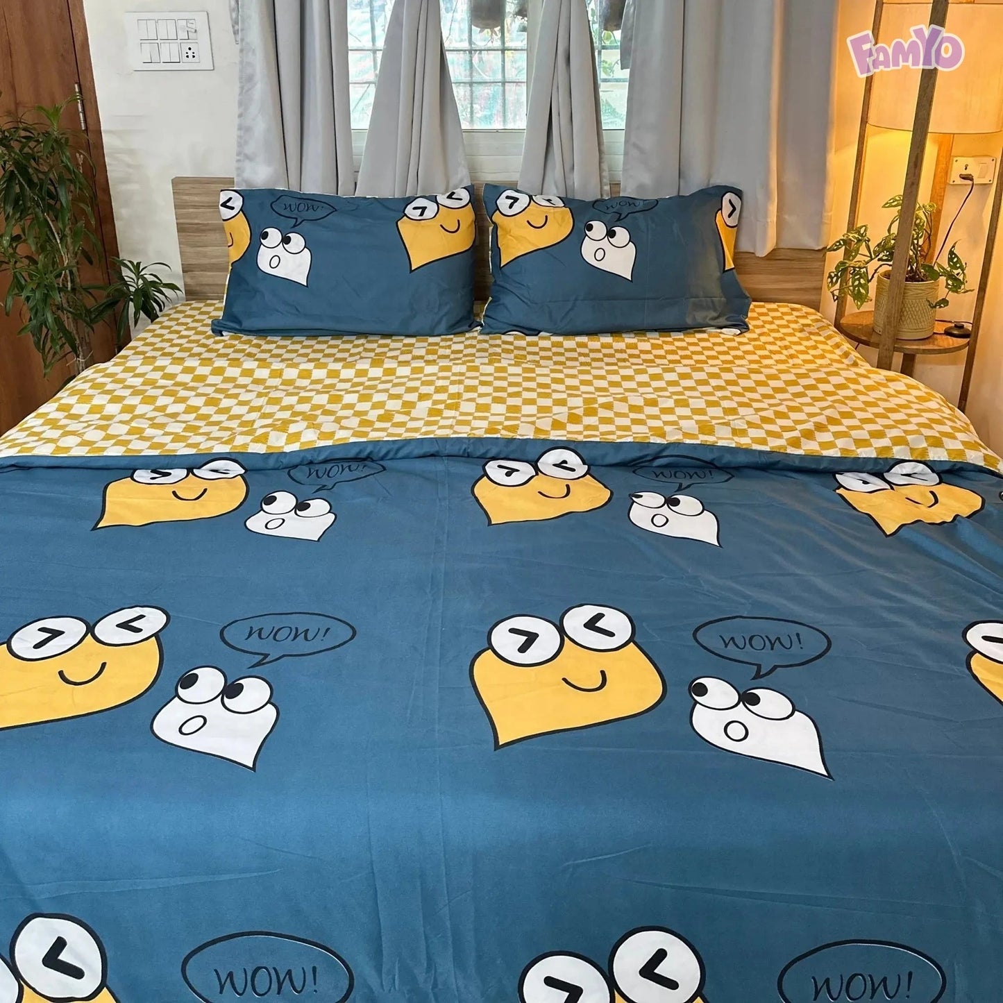 4pc Kids Bed Set – King Size Fitted Bedsheet , Comforter Cover & 2 Pillow Covers | Cute Smiles Theme Famyo Shop WH