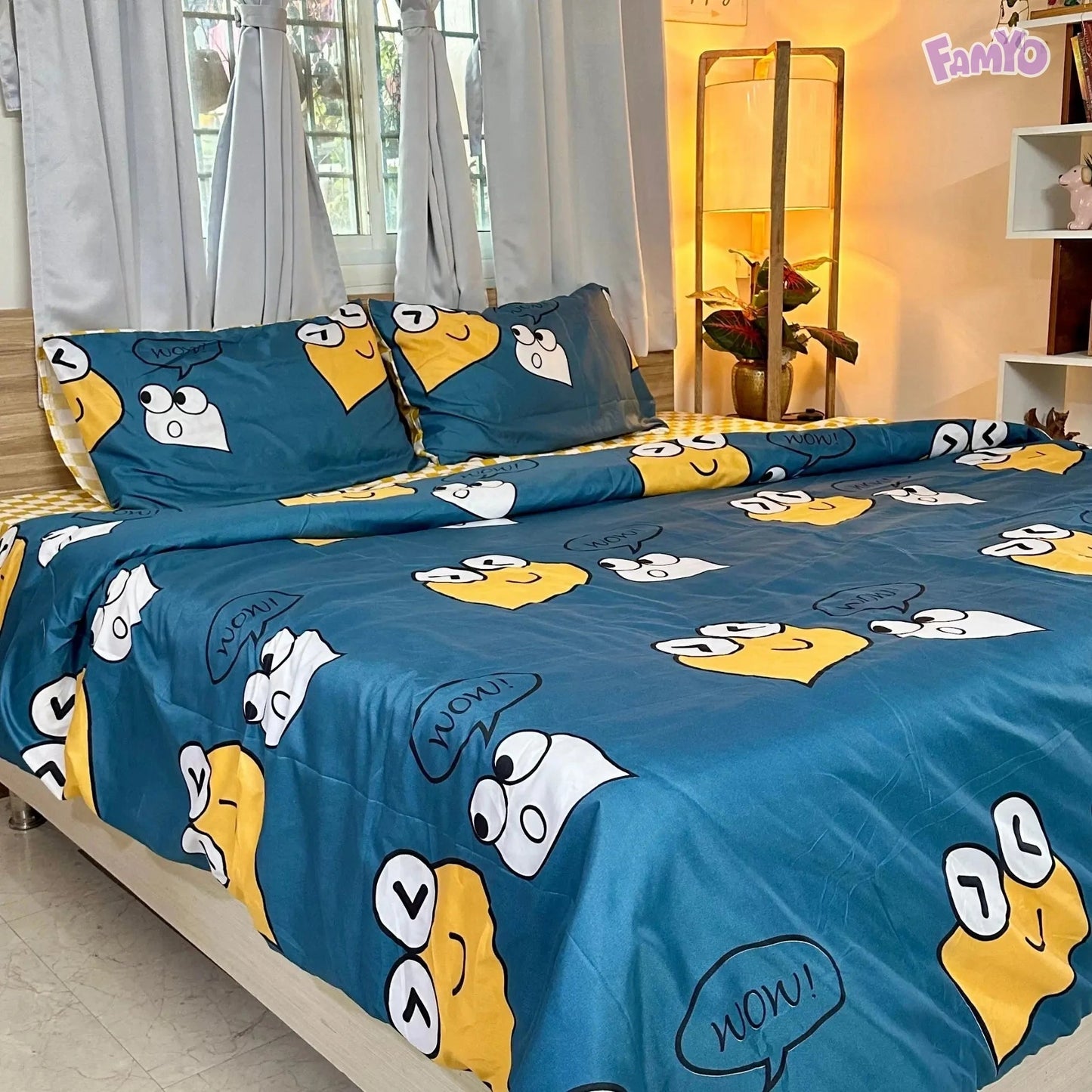 4pc Kids Bed Set – King Size Fitted Bedsheet , Comforter Cover & 2 Pillow Covers | Cute Smiles Theme Famyo Shop WH