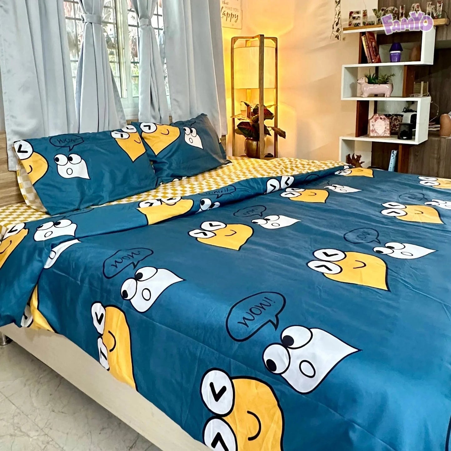 4pc Kids Bed Set – King Size Fitted Bedsheet , Comforter Cover & 2 Pillow Covers | Cute Smiles Theme Famyo Shop WH