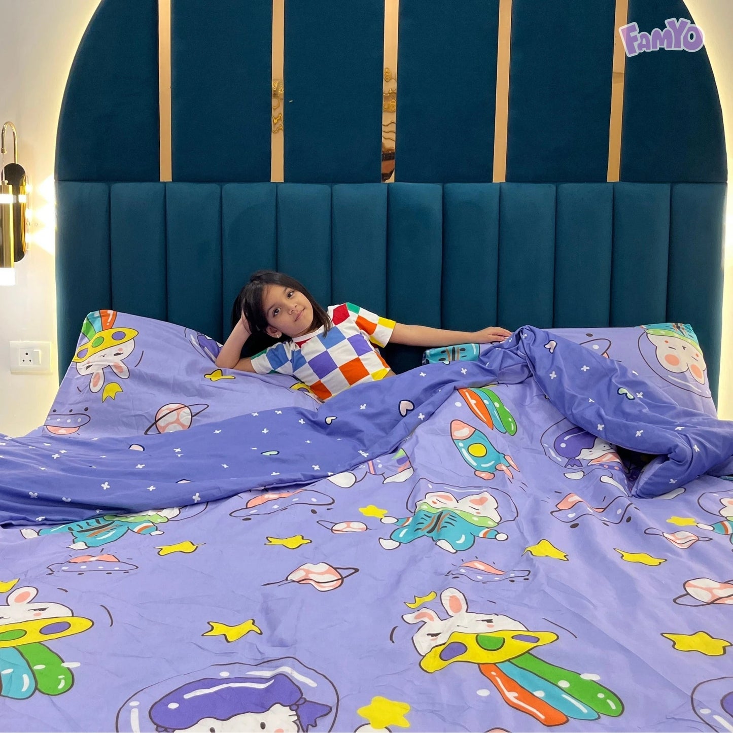 Famyo's Purple Astronaut Printed 4 Piece Bedding Set