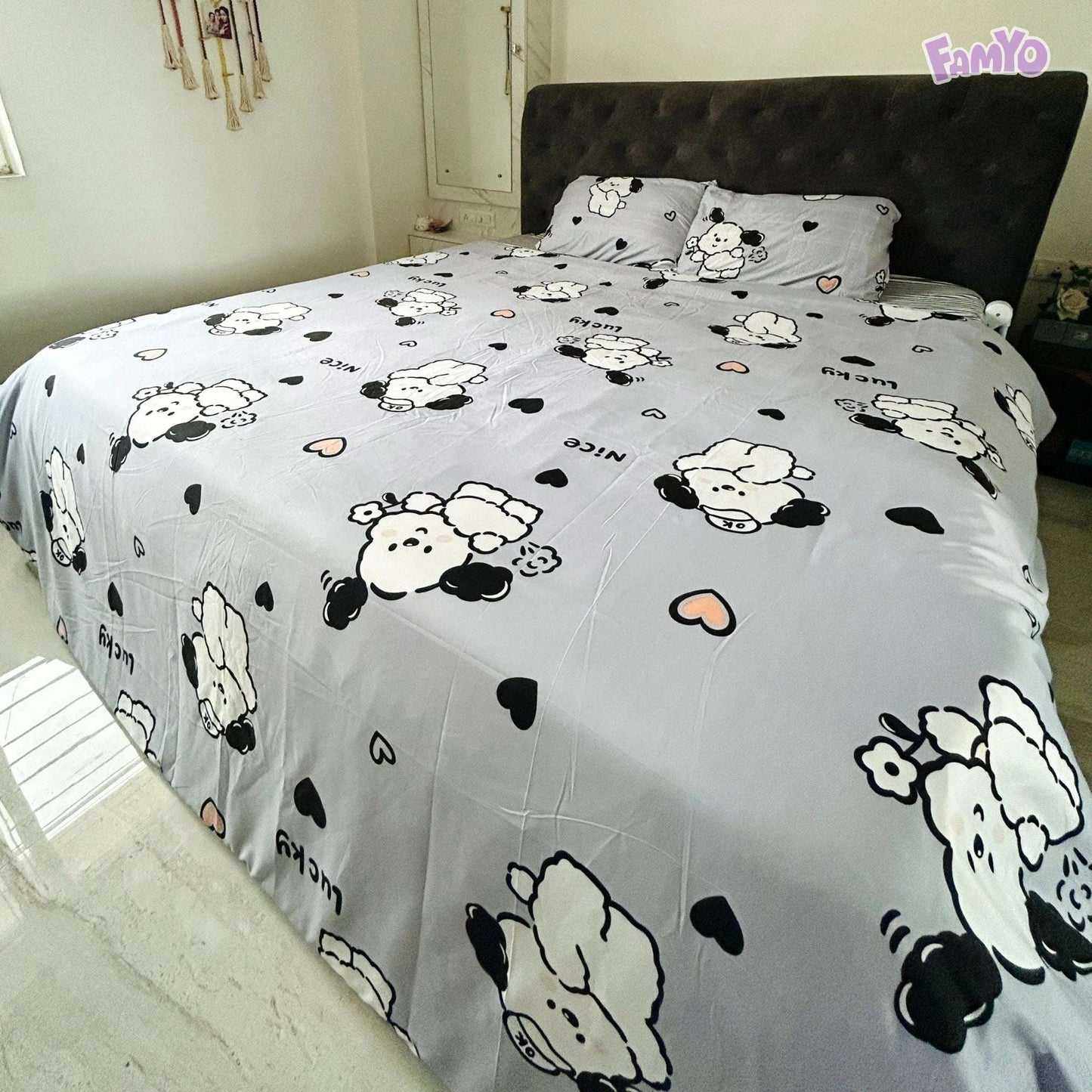 4pc Kids Bed Set – King Size Fitted Bedsheet , Comforter Cover & 2 Pillow Covers | Cute Puppy & Flowers Theme Famyo Shop WH