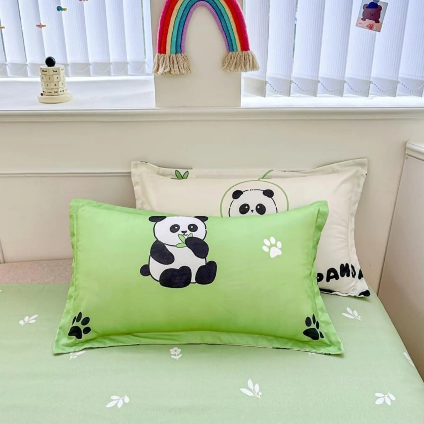 4pc Kids Bed Set – King Size Fitted Bedsheet , Comforter Cover & 2 Pillow Covers | Green Panda Theme Famyo Shop WH