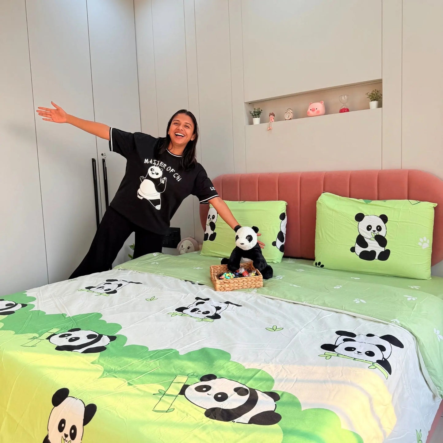 4pc Kids Bed Set – King Size Fitted Bedsheet , Comforter Cover & 2 Pillow Covers | Green Panda Theme Famyo Shop WH