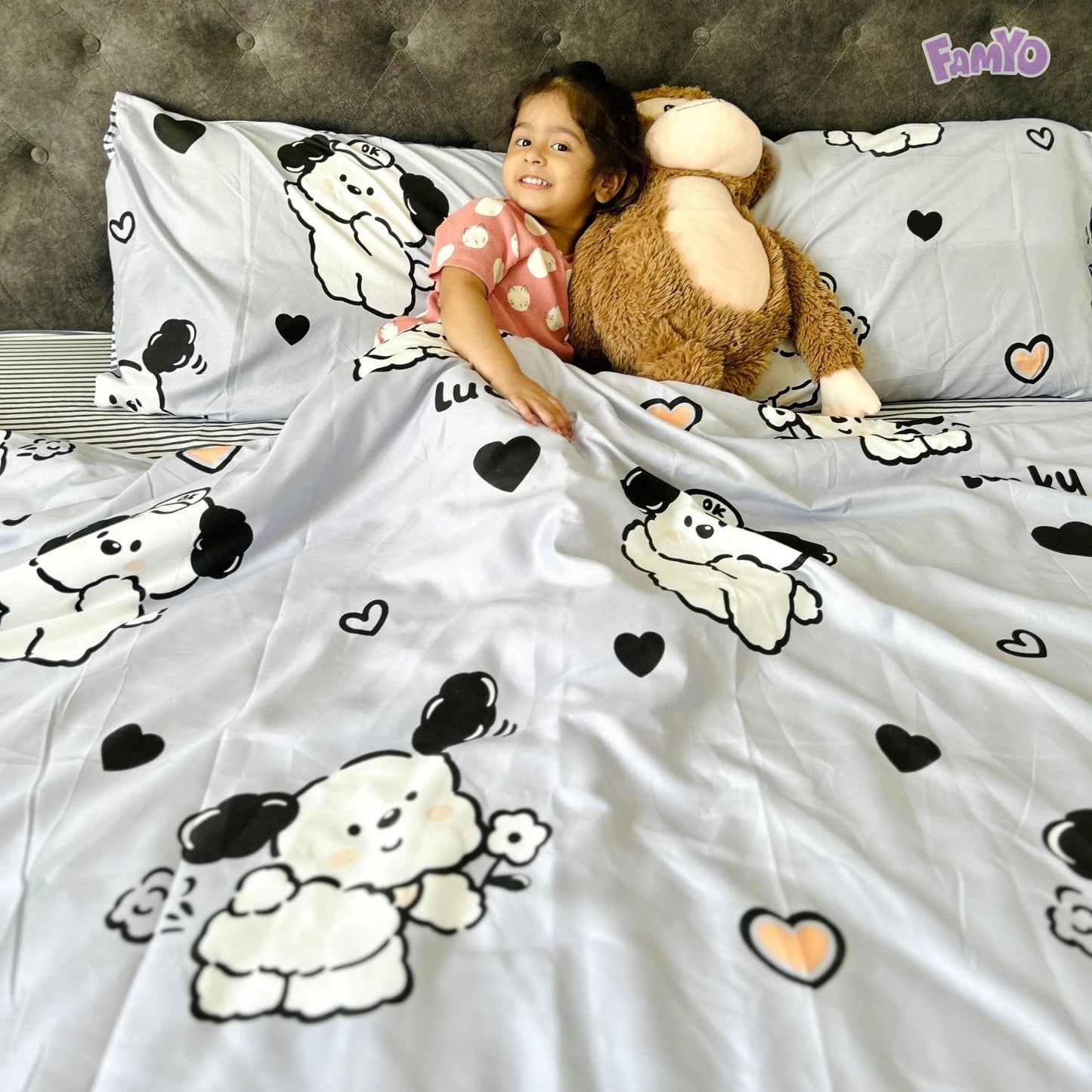 4pc Kids Bed Set – King Size Fitted Bedsheet , Comforter Cover & 2 Pillow Covers | Cute Puppy & Flowers Theme Famyo Shop WH