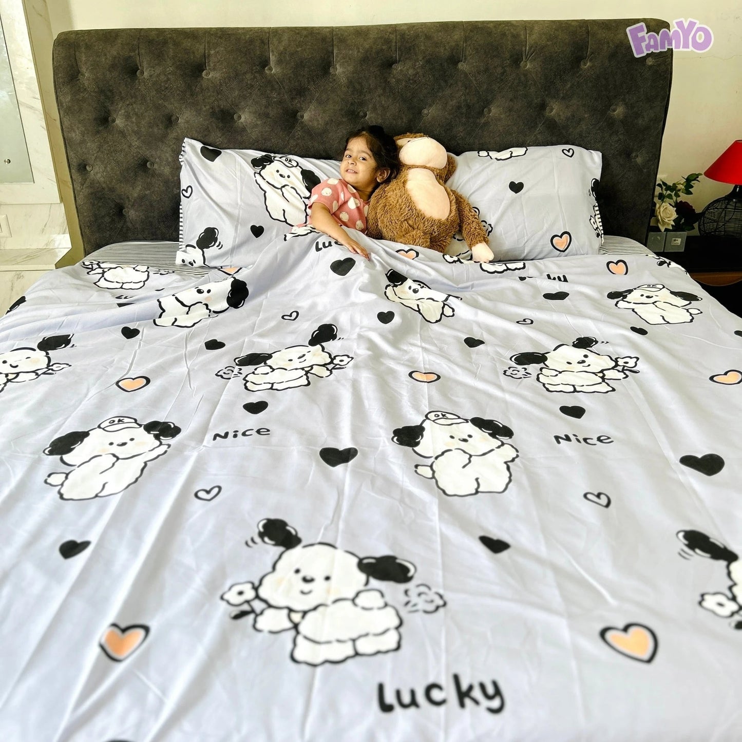 4pc Kids Bed Set – King Size Fitted Bedsheet , Comforter Cover & 2 Pillow Covers | Cute Puppy & Flowers Theme Famyo Shop WH
