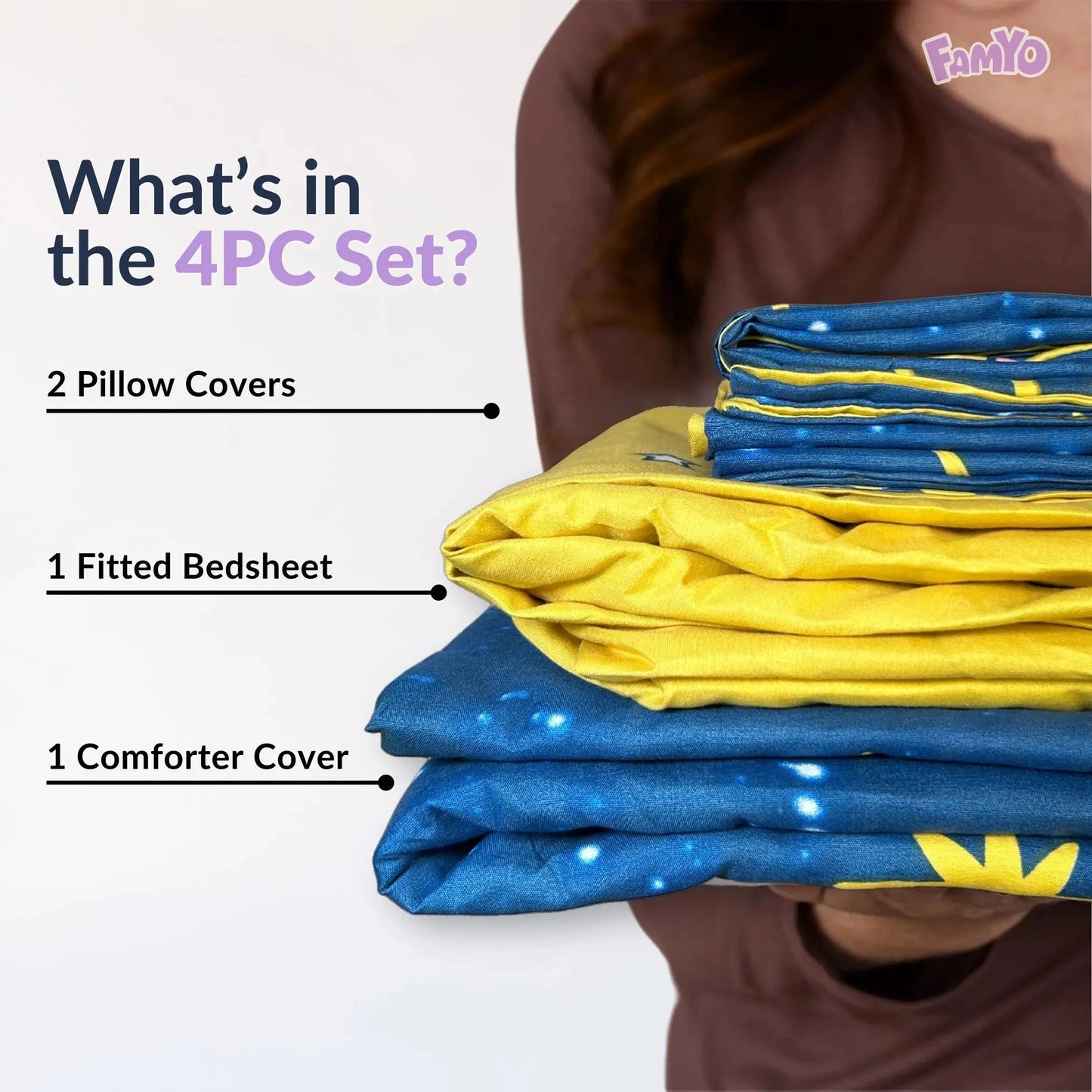 4pc Kids Bed Set – King Size Fitted Bedsheet , Comforter Cover & 2 Pillow Covers | Cute Smiles Theme Famyo Shop WH