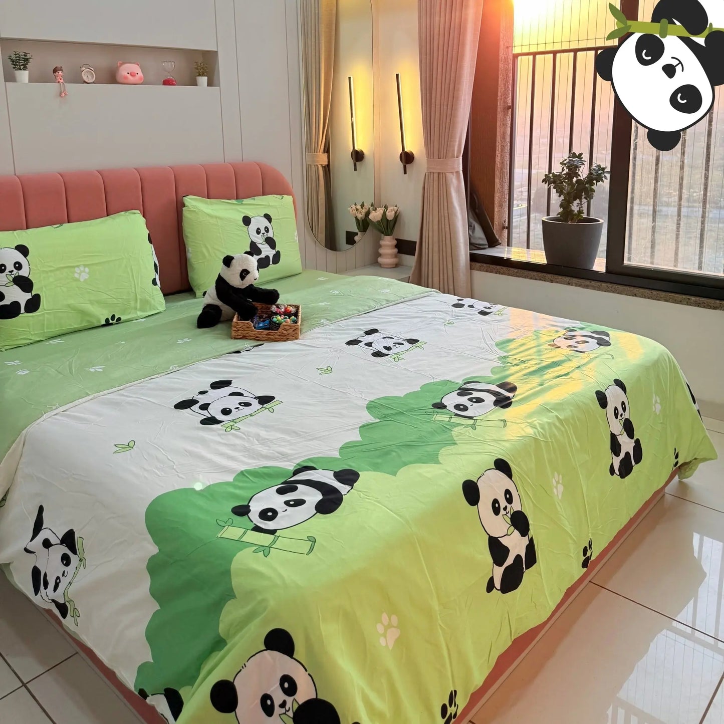 4pc Kids Bed Set – King Size Fitted Bedsheet , Comforter Cover & 2 Pillow Covers | Green Panda Theme Famyo Shop WH