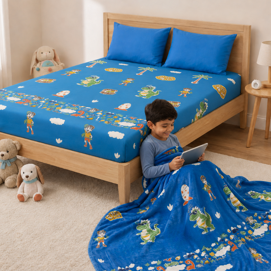 Rexy the Dino Glow in the Dark Quilt/Blanket/AC Comforter & Glow Bedsheet Set for Kids | 4 PC Queen Size Bedding Set | Glow Maxx Series