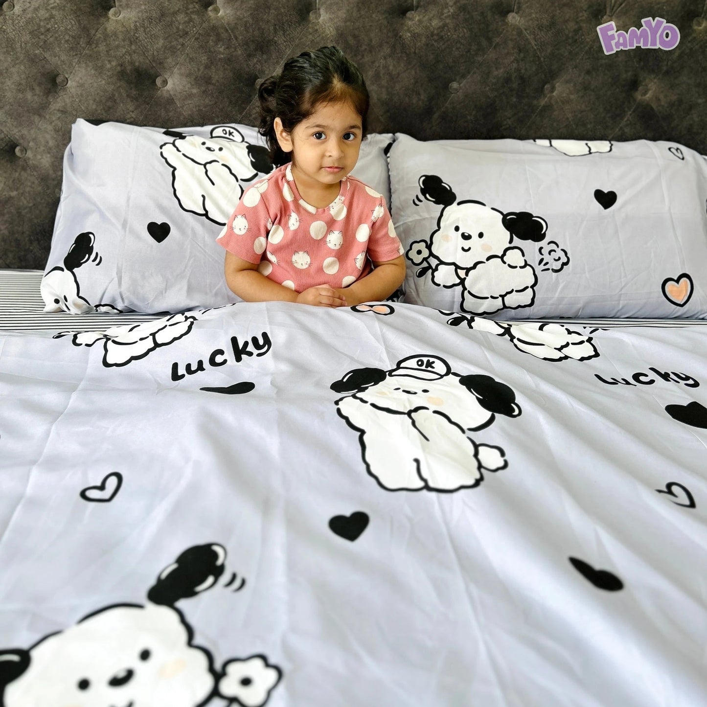 4pc Kids Bed Set – King Size Fitted Bedsheet , Comforter Cover & 2 Pillow Covers | Cute Puppy & Flowers Theme Famyo Shop WH