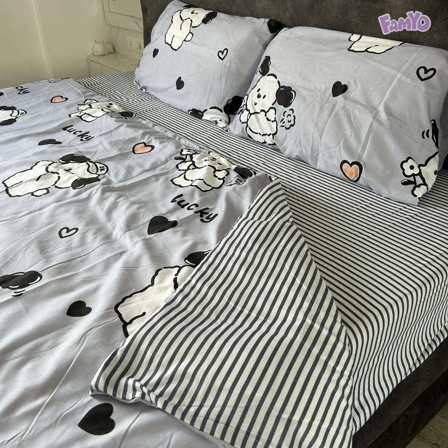 4pc Kids Bed Set – King Size Fitted Bedsheet , Comforter Cover & 2 Pillow Covers | Cute Puppy & Flowers Theme Famyo Shop WH