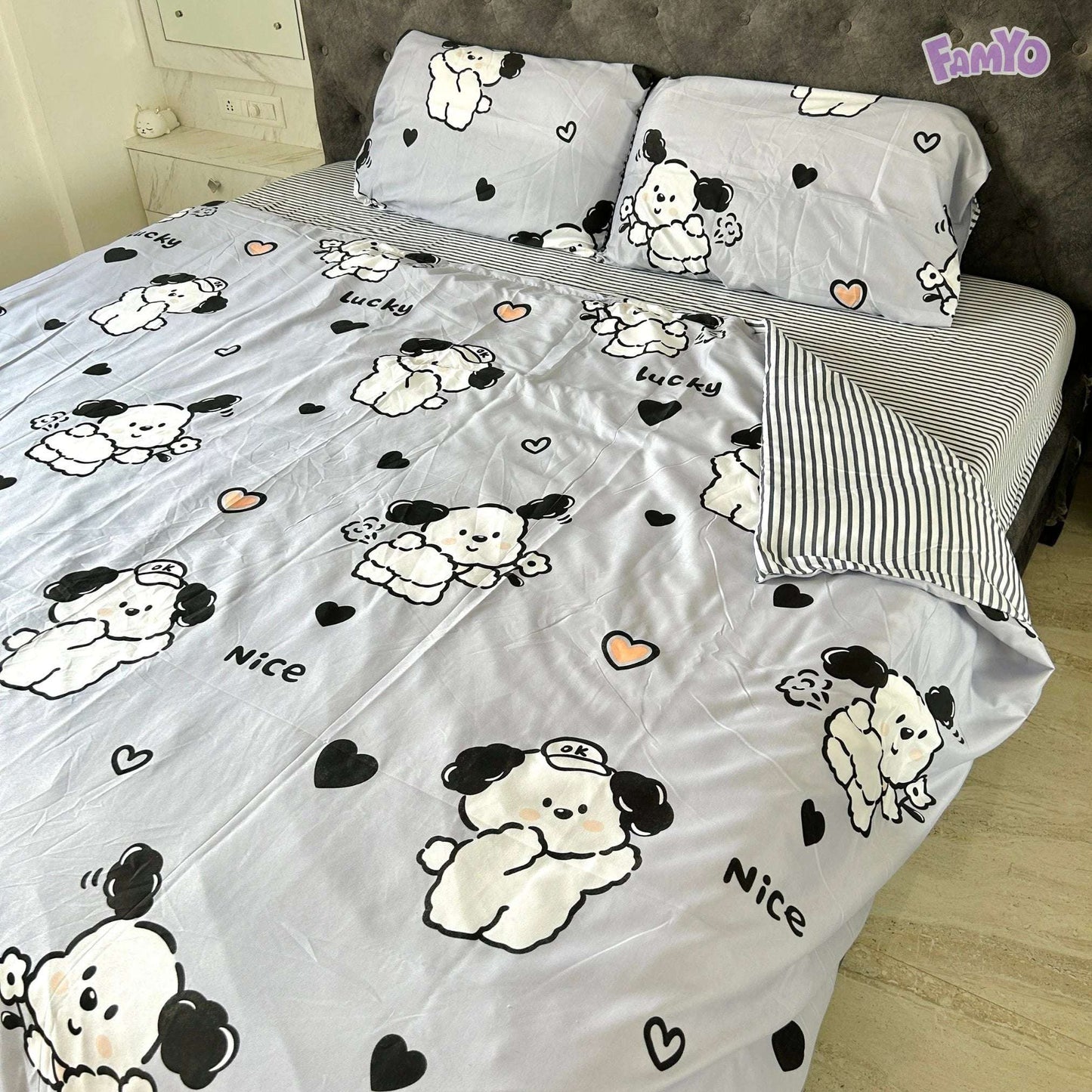 4pc Kids Bed Set – King Size Fitted Bedsheet , Comforter Cover & 2 Pillow Covers | Cute Puppy & Flowers Theme Famyo Shop WH