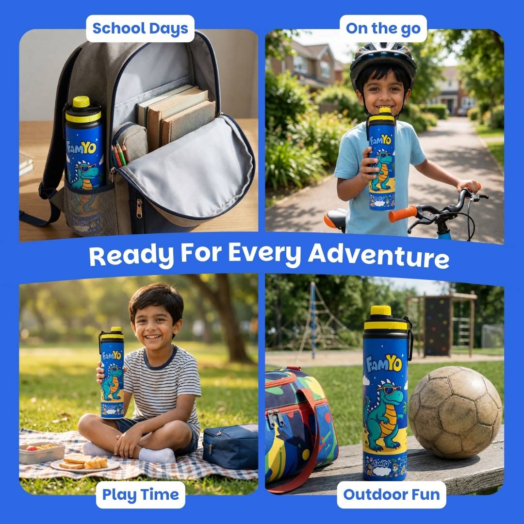 famyo rexy the dinosaur water bottle for kids - 900ml - school days - on the go - playtime - outdoor fun