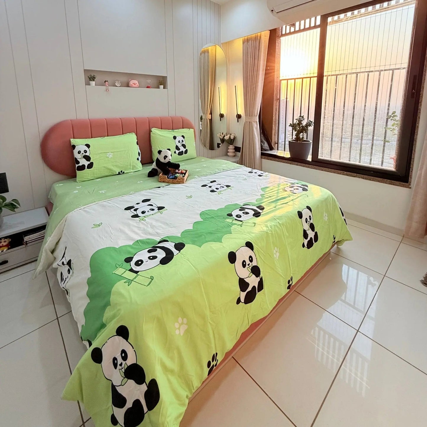 4pc Kids Bed Set – King Size Fitted Bedsheet , Comforter Cover & 2 Pillow Covers | Green Panda Theme Famyo Shop WH