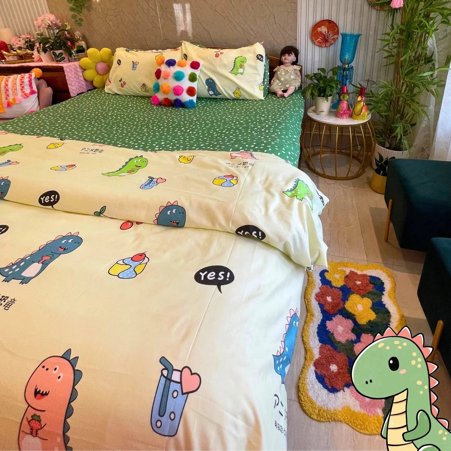 4pc Kids Bed Set – King Size Fitted Bedsheet , Comforter Cover & 2 Pillow Covers | Cute Dino Theme Famyo Shop WH