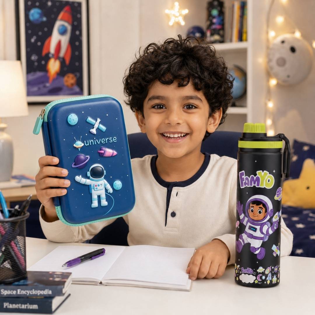 Leo Astronaut water bottle and Blue Space hard shell pencil pouch combo for kids featuring a 900 ml stainless steel bottle, durable EVA pencil pouch, spacious stationery storage, lightweight design, and ideal for school, travel, and everyday use.