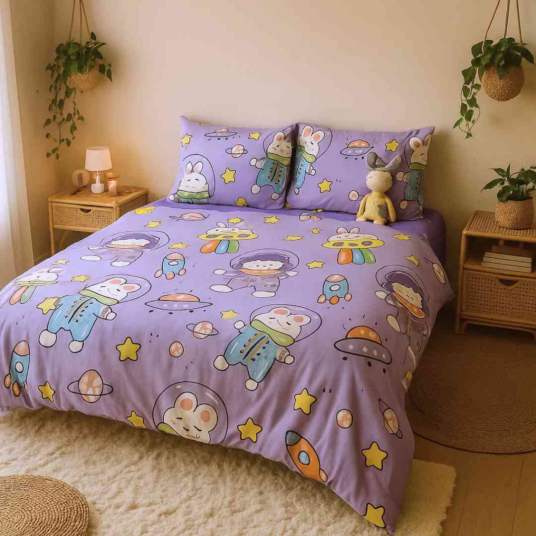 4pc Kids Bed Set – King Size Fitted Bedsheet , Comforter Cover & 2 Pillow Covers | Purple Astronaut Theme Famyo Shop WH
