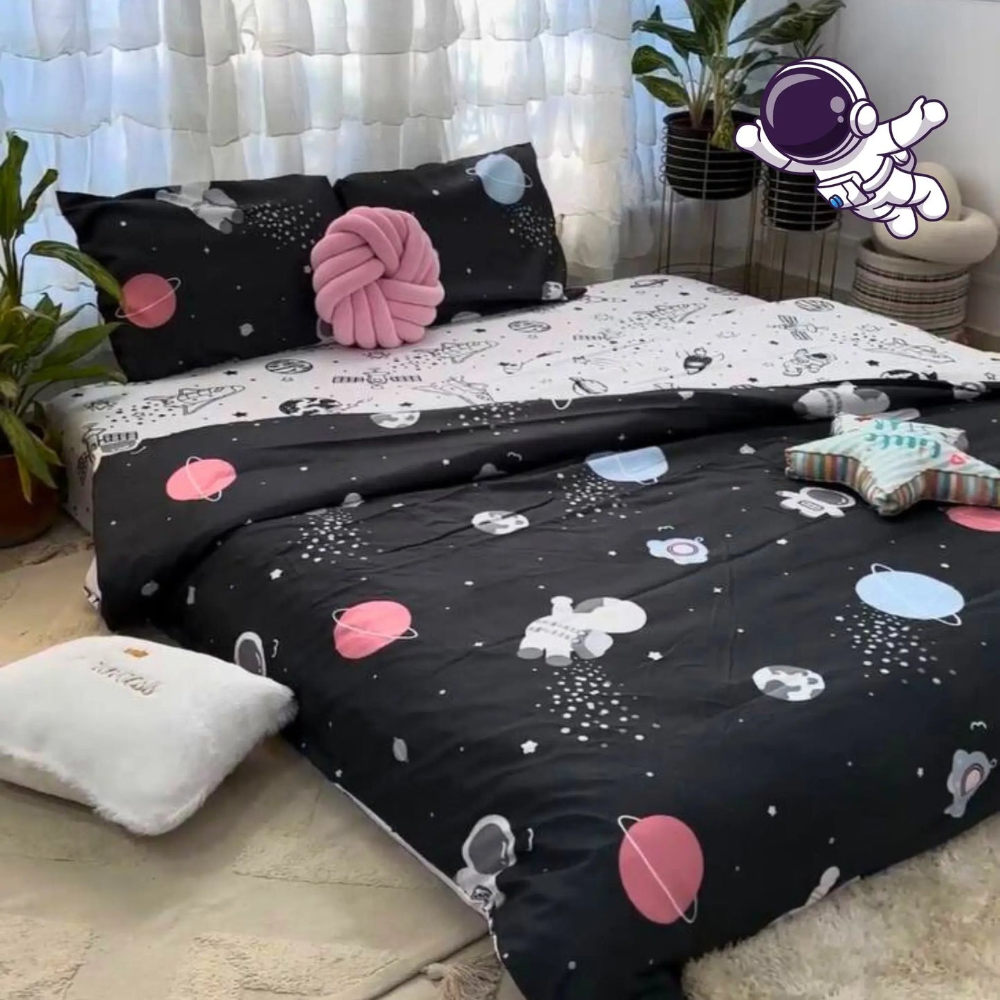 4pc Kids Bed Set – King Size Fitted Bedsheet , Comforter Cover & 2 Pillow Covers | Astronaut Theme Famyo Shop WH