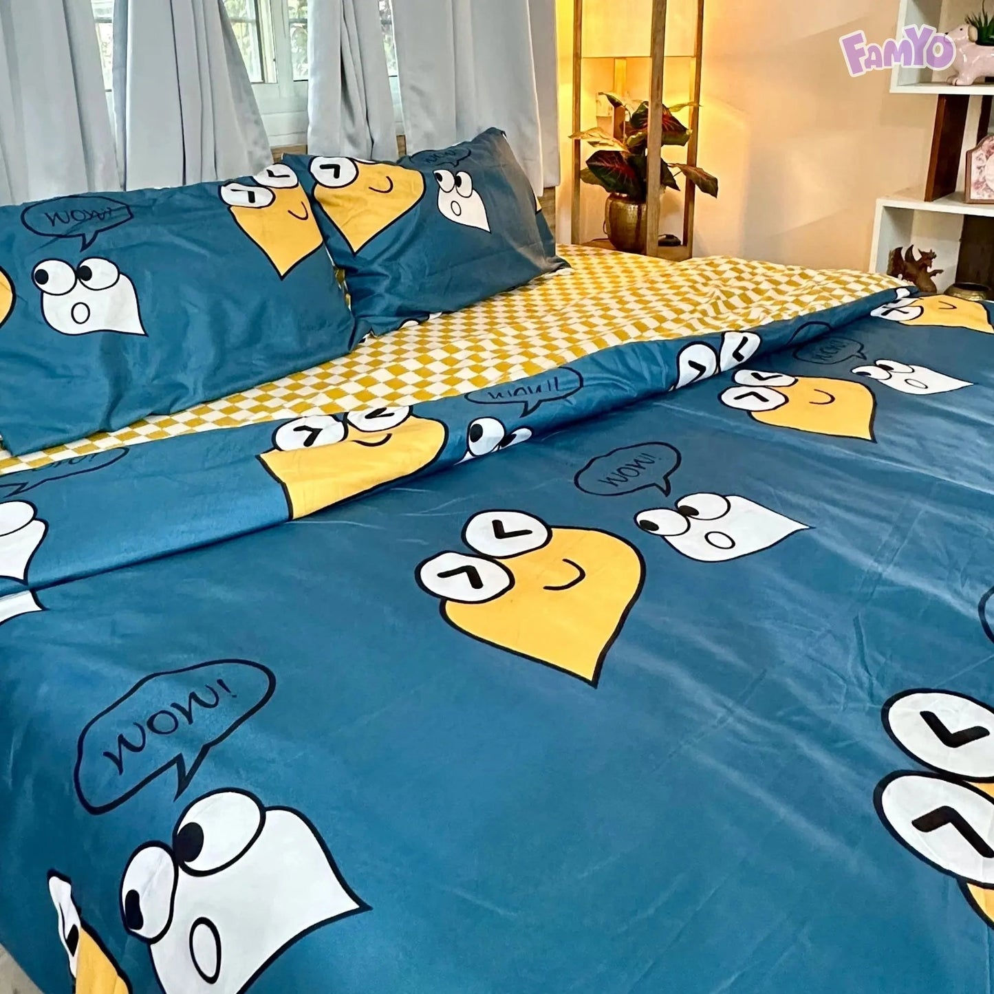 4pc Kids Bed Set – King Size Fitted Bedsheet , Comforter Cover & 2 Pillow Covers | Cute Smiles Theme Famyo Shop WH