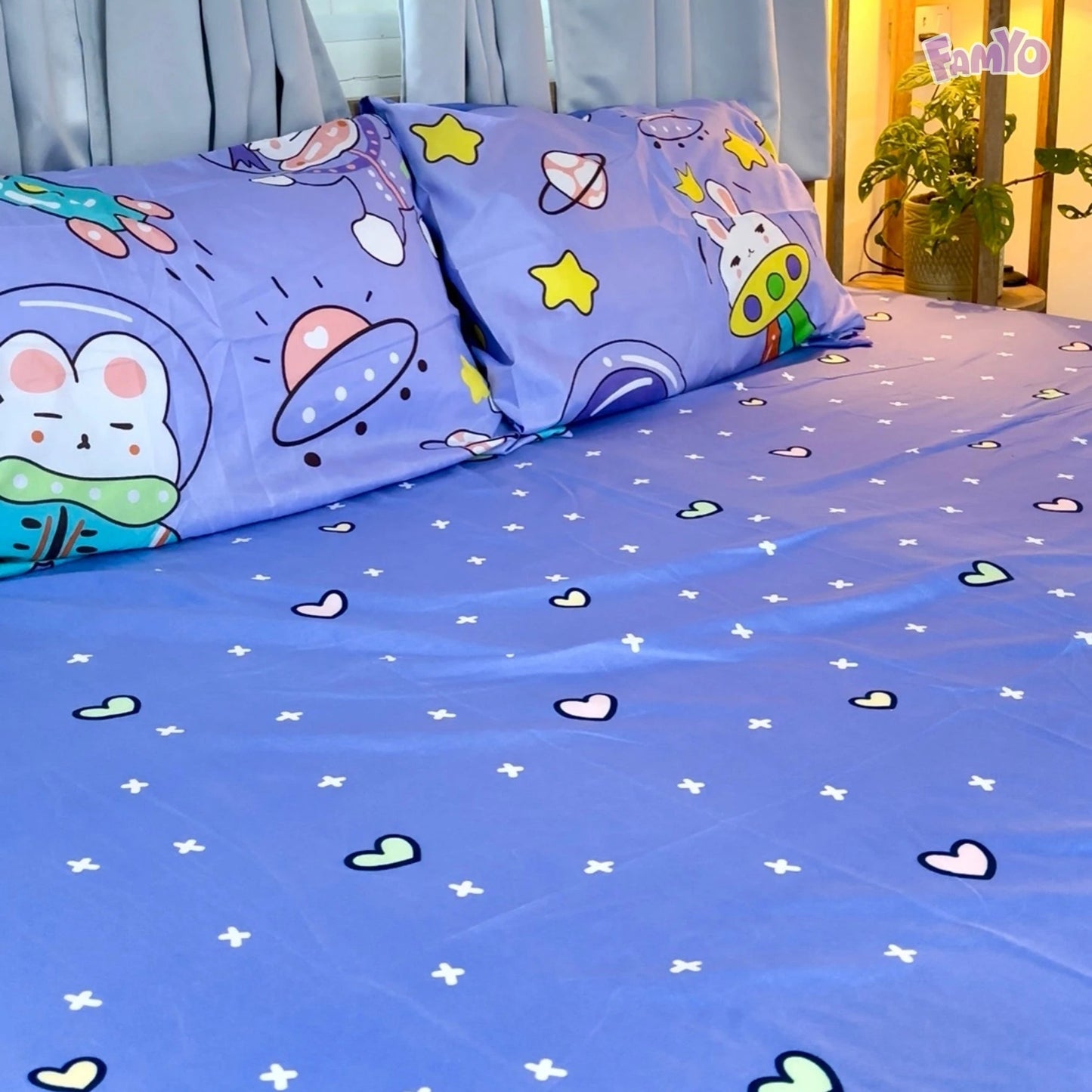 Famyo's Purple Astronaut Printed 4 Piece Bedding Set