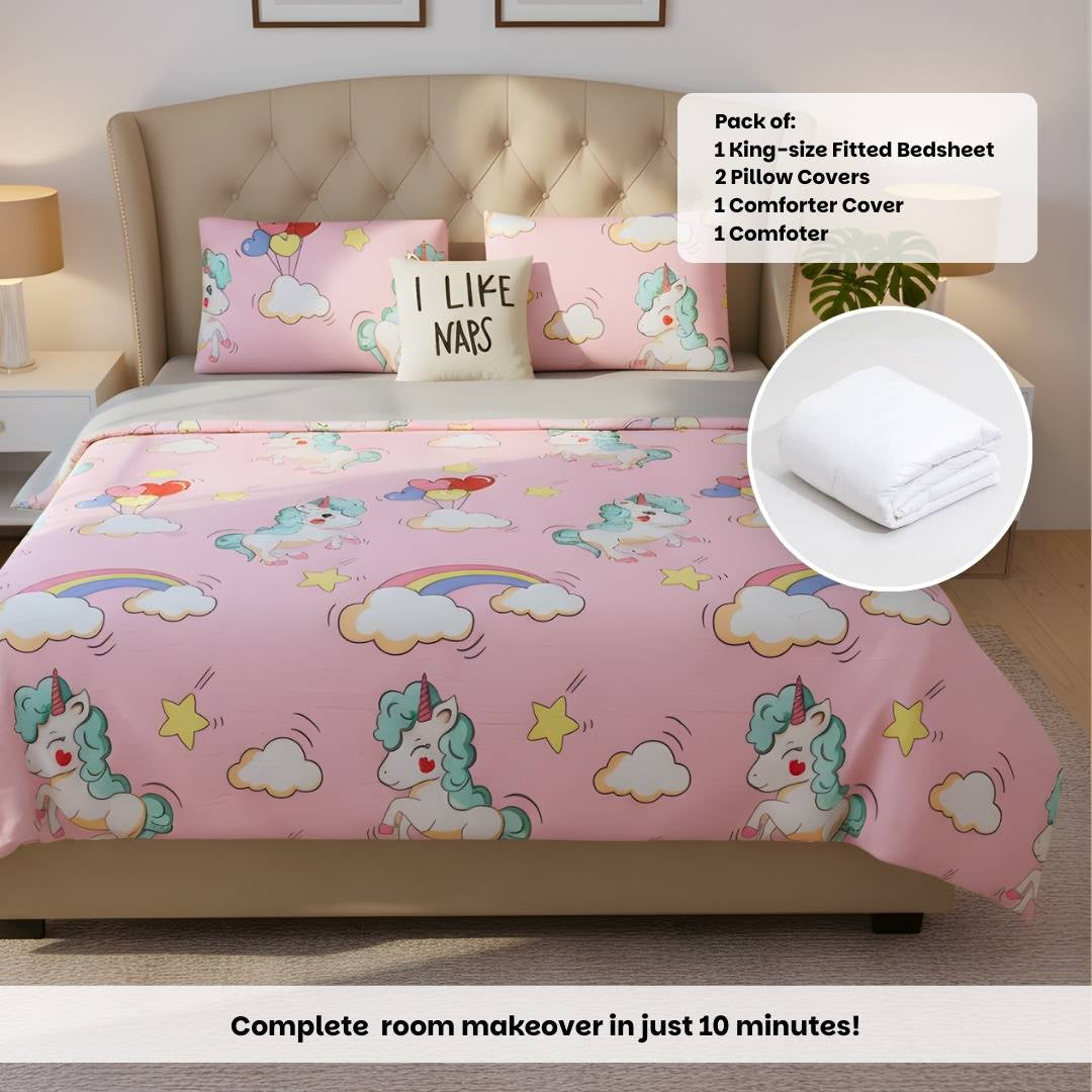Pink Unicorn & Rainbow 250TC King Bed Sheet Set (Set of 4 or Set of 5)