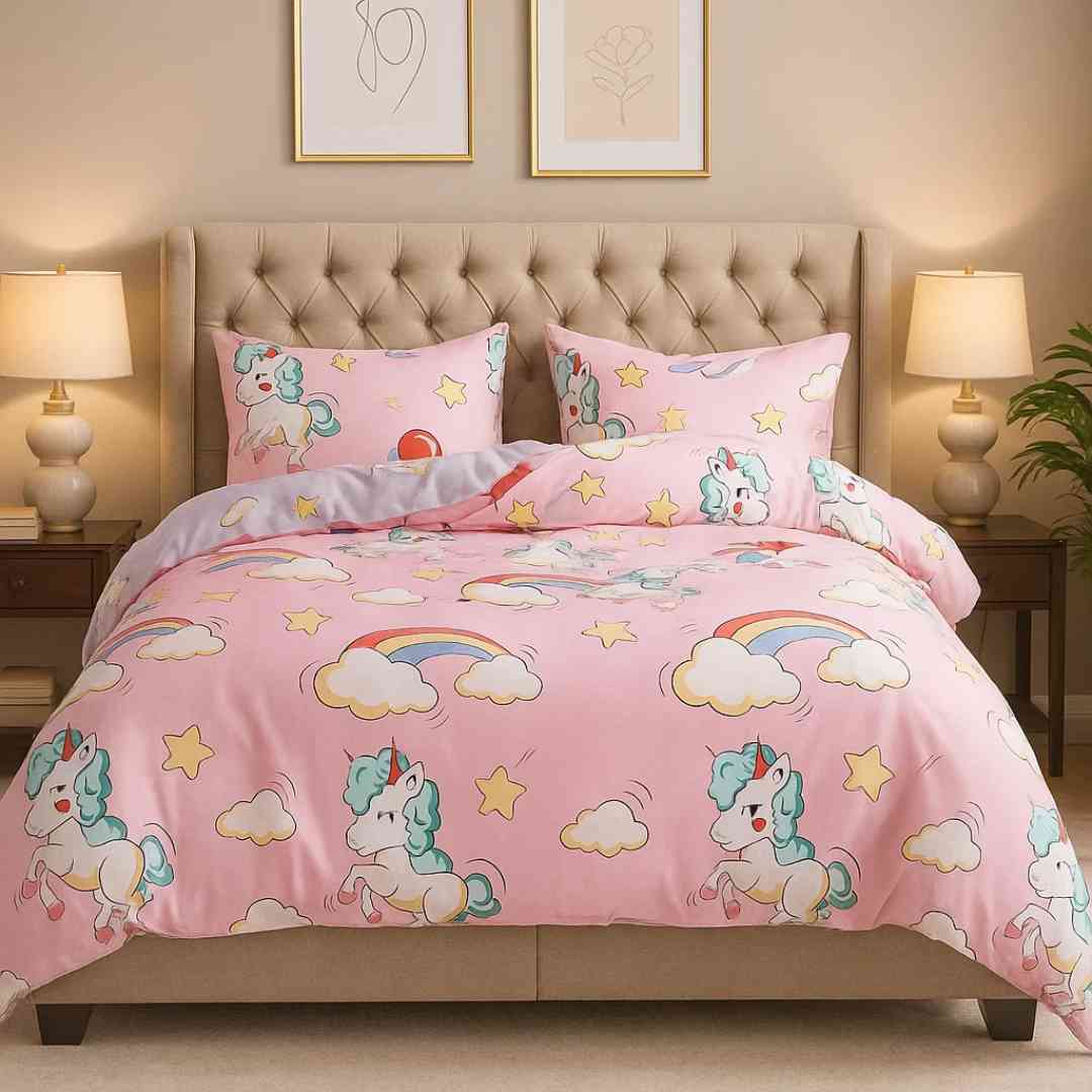 Pink Unicorn & Rainbow 250TC King Bed Sheet Set (Set of 4 or Set of 5) Famyo