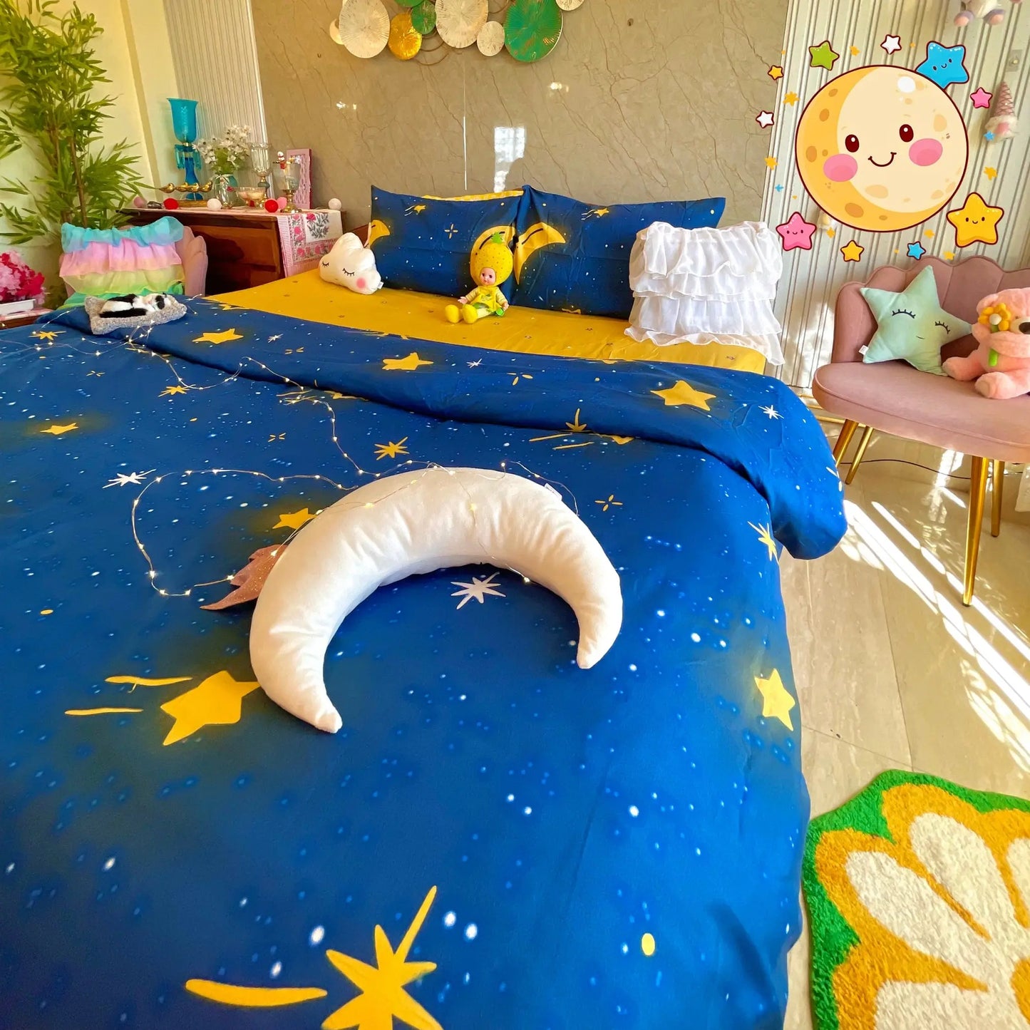 4pc Kids Bed Set – King Size Fitted Bedsheet , Comforter Cover & 2 Pillow Covers | Moon & Star Theme Famyo Shop WH
